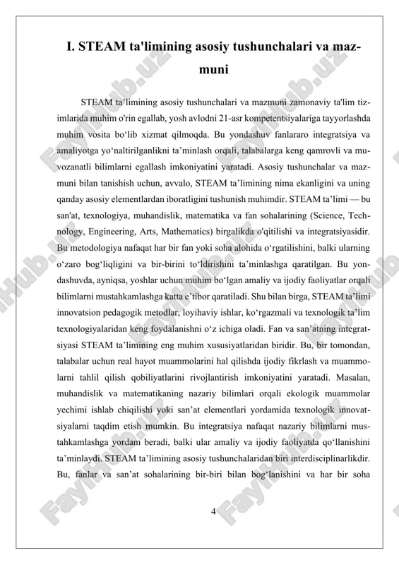 iya, amaliy va ijodiy faoliyat, innovatsion metodlar orqali yoshlarni zamonaviy dunyo muammolarini hal qilishga tayyorlashdir. bu yondashuv orqali nafaqat bilimlar mustahkamlanadi, balki yoshlar ijodkorligi va texnologik rivojlanishdagi muhim qobiliyatlari ham rivojlanadi, bu esa kelajakdagi mutaxassislar uchun muhim asos bo‘lib xizmat qiladi. ii. teoriyadan amaliyotgacha: integratsiya va innovatsiya steam ta’limining asosiy maqsadlaridan biri — nazariy bilimlarni amaliy faoliyat bilan birlashtirish va innovatsion yondashuvlarni keng qo‘llashdir. bu jarayon, avvalo, ta’limning interdisiplinar asoslarini chuqur tushunishni va ularni kundalik hayotdagi muammolarni hal qilishda qo‘llashni taqozo etadi. steam yondashuvi, san’at va fan sohalarining integratsiyasiga asoslangan bo‘lib, bu jarayon yoshlarni keng qamrovli va muvozanatli bilim bilan ta’minlashga xizmat qiladi. bu yerda, nazariy bilimlar va amaliy tajribalar o‘rtasidagi uzviy bog‘liqlik muhim ahamiyat kasb etadi, chunki ular yoshlarning ijodkorlik va muammolarni hal qilish qobiliyatlarini rivojlantirishga yordam beradi. integratsiya jarayoni, avvalo, fan va san’at sohalarining o‘zaro bog‘liqligini aniqlash va ularni yagona ta’lim platformasiga birlashtirishdan boshlanadi. bu jarayon, o‘qituvchilarga yangi …