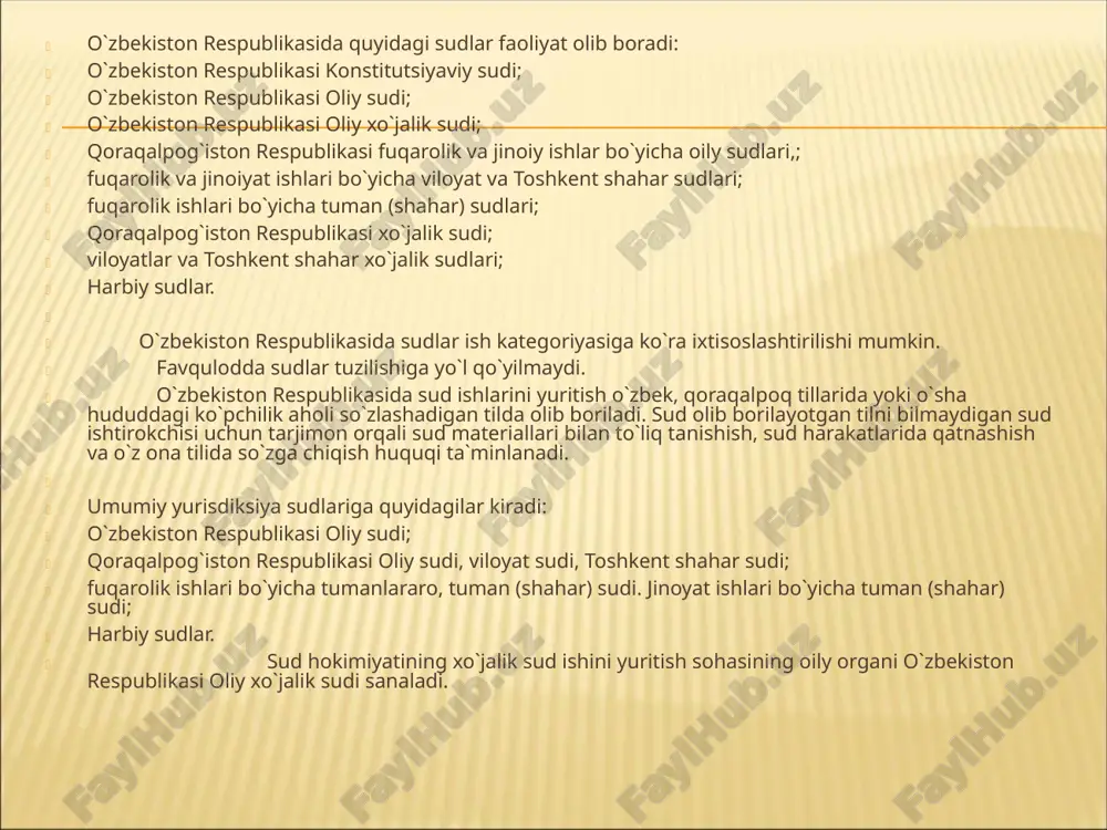 ikasi oliy sudinig harbiy kollegiyasi; o`zbekiston respublikasi harbiy sudi; okrug va hududiy harbiy sudlardan iborat. o`zbekiston respublikasi harbiy sudlari: o`zbekiston respublikasi mudofaa vazirligi. davlat chegaralarini qo`riqlash bo`yicha qo`mitasi, milliy xavfsizlik qo`mitasi, favqulodda holatlar bo`yicha vazirligi, ichki ishlar vazirligi qo`shinlari va qonunchilikka muvofiq tuziladigan boshqa harbiy qismlar, shuningdek, harbiy xizmatga majburlarning o`quv yig`inlarini o`tash chog`ida sodir etgan jinoyatlari yuzasidan ishlarni; harbiy hizmatchilarning da`volari bo`yicha harbiy qismlar, harbiy birlashma va qo`shilmalar, harbiy boshqarmalar organlarining qo`mondonligiga nisbatan fuqarolik ishlarini va harbiy mansabdor shaxslarning xatti-harakati (qarori)ga nisbatan shikoyatlarni; alohida vaziyat tufayli umumiy yurisdiksiya sudlari faoliyat yuritmaydigan joylardagi barcha fuqarolik va jinoyat ishlarni; davlat siriga daxldor ishlarni ko`rib chiqadi. inson huquqlari va erkinliklarini himoya qilish, jamiyatda qonuniylik va adolatni qaror toptirish sud organlarining asosiy maqsadidir. sud organlari faoliyatining muhimligi kishilar o`rtasida vujudga kelgan mojarolarni zo`ravonliksiz, mamlakatda qabul qonunlar asosida hal etilishida mujassamlashgan. 3. o`zbekiston respublikasi konstitutsiyasida barcha uchun majburiy bo`lgan shunday qoida mustahkamlab qo`yilgan: faqat …