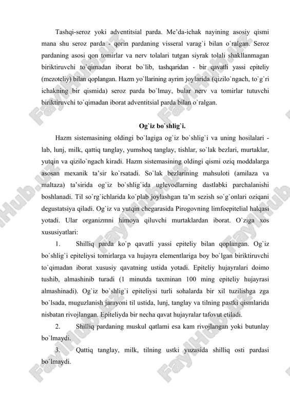 ar tafovut etiladi. 2. shilliq pardaning muskul qatlami esa kam rivojlangan yoki butunlay bo`lmaydi. 3. qattiq tanglay, milk, tilning ustki yuzasida shilliq osti pardasi bo`lmaydi. lab. labda 3 qism - teri, oraliq va shilliq qismlar tafovut etiladi. lab o`zida ko`ndalang-targ`il mushak tutadi. labning teri qismi ko`p qavatli yassi muguzlanuvchi epiteliy bilan qoplangan. bu yerda ter va yog` bezlari, sochlar bo`ladi. labning oraliq qismi o`z navbatida tashqi silliq va ichki so`rg`ichli zonadan iborat. tashqi zona epiteliysida muguz qavat bo`lsada, u tiniq va o`ta yupqadir. epiteliy osti so`rg`ichlari unchalik bo`ychan bo`lmaydi. labning ichki so`rg`ichli zonasi, ayniqsa, yangi tug`ilgan bolalarda o`ta rivojlangan so`rg`ichlarga ega. bola ulg`ayishi bilan bu so`rg`ichlar yassilanib ketadi. bu zona epiteliysi anchagina qalin bo`lib, muguz qavat va yog` bezlaridan holidir. xususiy qatlam epiteliyga botib kirib, o`ta bo`ychan so`rg`ichlar hosil qiladi, lab oraliq qismining xususiy qatlami ko`pgina kapillyarlarga zga bo`lganidan shu qism pushti ko`rinishga ega bo`lib qoladi. xususiy qatlamining nerv oxirlariga …