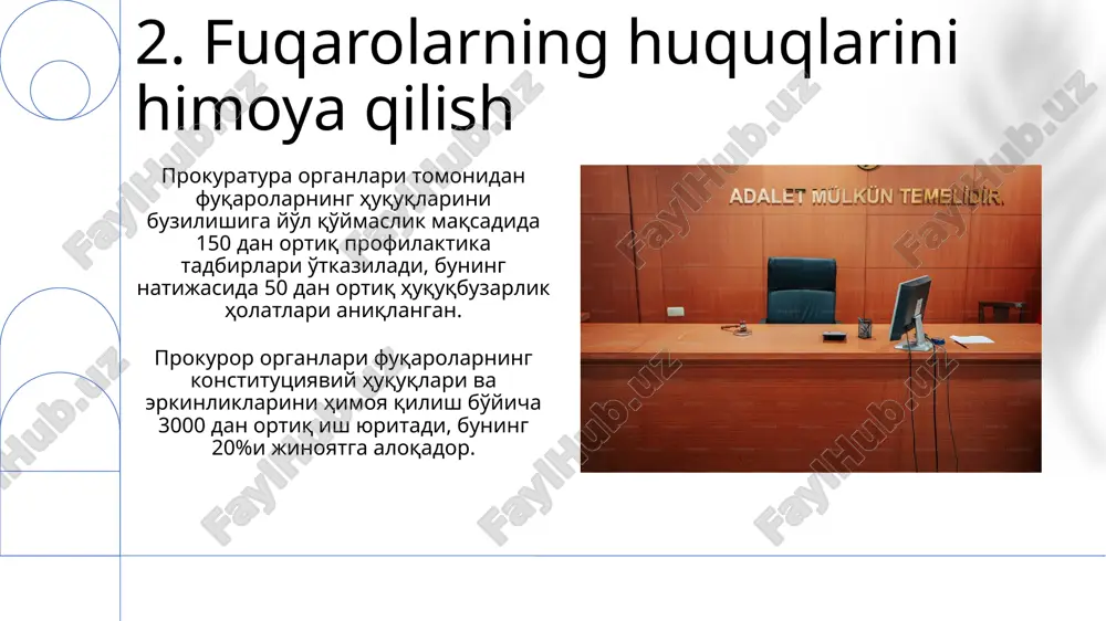 o'rilgan, bu esa jinoyatchilikka qarshi kurashda muhim rol o'ynaydi. prokuratura nazorati davlat organlari va mansabdor shaxslarning qonunlarga rioya etilishini 300 dan ortiq sohada nazorat qilishni o'z ichiga oladi, bu esa huquqiy tizimning mustahkamligini ta'minlaydi. 16.prokurorning vakolatlari va vazifalari prokuror jinoyatlarni tergov qilishda nazorat qiladi, 30 kun ichida ayblov xulosasini taqdim etadi va sudda davlat ayblovini himoya qiladi. prokurorning vakolatiga sud qarorlariga norozilik bildirish, 5 kun ichida kasatsiyasi berish va qonun buzilishi holatlariga aralashuv kiradi. 17.jinoyat ishlarini qo'zg'atish va tergov qilish jinoyat ishi bo'yicha tergov muddati, odatda, 2 oyni tashkil etadi, ammo murakkab holatlarda 6 oygacha uzaytirilishi mumkin. jinoyat ishlarini qo'zg'atish uchun yetarli dalillar mavjudligi va ularning jinoyat tarkibini aniq ko'rsatishi, shuningdek, 5 kun ichida tegishli qaror qabul qilinishi zarur. e'tiboringiz uchun rahmat @taqdimot_robot image1.png image2.jpg image3.jpg image4.jpg image5.jpg image6.jpg image7.jpg image8.jpg image9.jpg image10.jpg image11.jpg image12.jpg image13.jpg image14.jpg image15.jpg image16.jpg image17.jpg image18.jpg