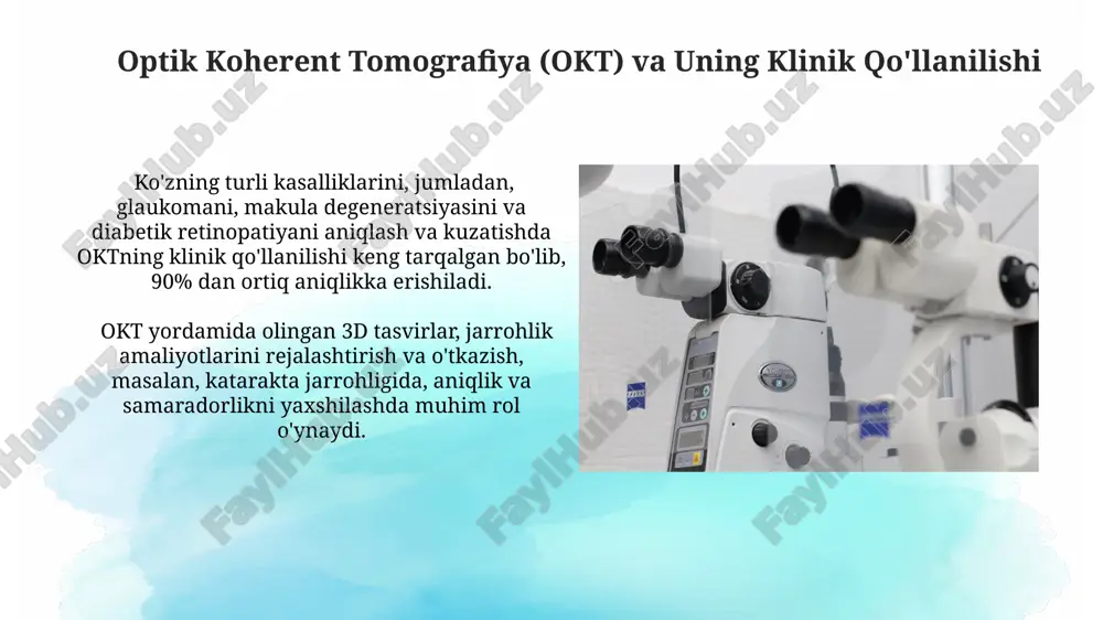 an mutaxassislar va 5 dan ortiq turdagi aniq o‘lchash vositalari talab etiladi. oftalmologiyada optik asboblarning yangi avlodlari oftalmologiyada yuqori aniqlikdagi optik koherent tomografiya (okt) asboblari 1000 dan ortiq skanerlash liniyalarini qo'llab-quvvatlab, retina tuzilmalarini 3d tasvirlash imkonini beradi va diagnostika aniqligini sezilarli darajada oshiradi. femtosekundli lazerlar bilan jihozlangan refraktiv jarrohlik asboblari, 0.001 mm aniqlik bilan individualizatsiyalashgan korreksiya amalga oshirishga imkon berib, jarrohlik xatoliklarini kamaytiradi va natijalarni yaxshilaydi. ko'z kasalliklarini davolashda optik asboblar angiografiya uchun ishlatiladigan fluorescein angiografiya tizimlari, ko'z tomirlarining 0,1 mm gacha bo'lgan diametrdagi o'zgarishlarini aniqlash imkoniyatini beradi va diabetik retinopatiyani erta bosqichda aniqlashga yordam beradi. fakoemulsifikatsiya jarrohligida ishlatiladigan ultrabinafsha nurli mikro-kesish asboblari, katarakta operatsiyalarining muvaffaqiyat darajasini 98% ga oshirib, asoratlar xavfini sezilarli darajada kamaytiradi. e'tiboringiz uchun rahmat @taqdimot_robot image2.jpg image3.jpg image4.jpg image5.jpg image6.jpg image7.jpg image8.jpg image9.jpg image10.jpg image11.jpg image12.jpg image13.jpg image14.jpg image15.jpg image1.png