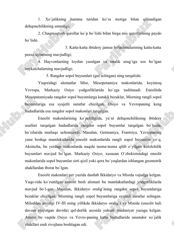 lik shakli – dehqonchilik mashg`ulotiga borib taqaladi. eneolit davrida dehqonchilikda motiga bilan ishlov berish ustun darajada bo`lgan. ammo o`z xususiyatiga ko`ra misdan foydalanish mehnat unumdorligini oshirishga xizmat qilgan bo`lsa-da, dehqonchilikda motiga tishi sifatida toshdan foydalanilgan. mis qurollar tosh qurollarga nisbatan takomillashgan bo`lsa-da, u kuchli, og`ir va qattiq qurollar yasashga yaroqsiz edi. mis o`z xususiyatiga ko`ra yumshoq va juda tez o`z shaklini o`zgartirgan. shuning uchun ham motiga tishi sifatida toshdan foydalanilgan. mis-tosh davrida odamlar metall bilan tanishadi. ungacha ibtidoiy odamlar 2-3 million yillar davomida faqat toshdan, yog`ochdan va suyakdan yasalgan qurollardan foydalangan edilar. mis qurollar qattiq, kuchli bo`lmay, ayrim xususiyatlari jihatdan tosh qurollarga nisbatan pastroq darajada bo`lsa-da, o`zining shakli, ishlab chiqarish jarayonida qo`llanishidagi qulayligi, shuningdek juda tez turli shaklga kelishi oson bo`lganligi uchun ham chaqmoqtosh qurollar bilan parellel holda ishlatila boshlangan. ma`lumki, eneolit davrida markaziy osiyo aholisi madaniyati bir bosqich yuqori ko`tarilgan. lekin ularning ijtimoiy-madaniy taraqqiyoti bir xil darajada bo`lmagan. bu …