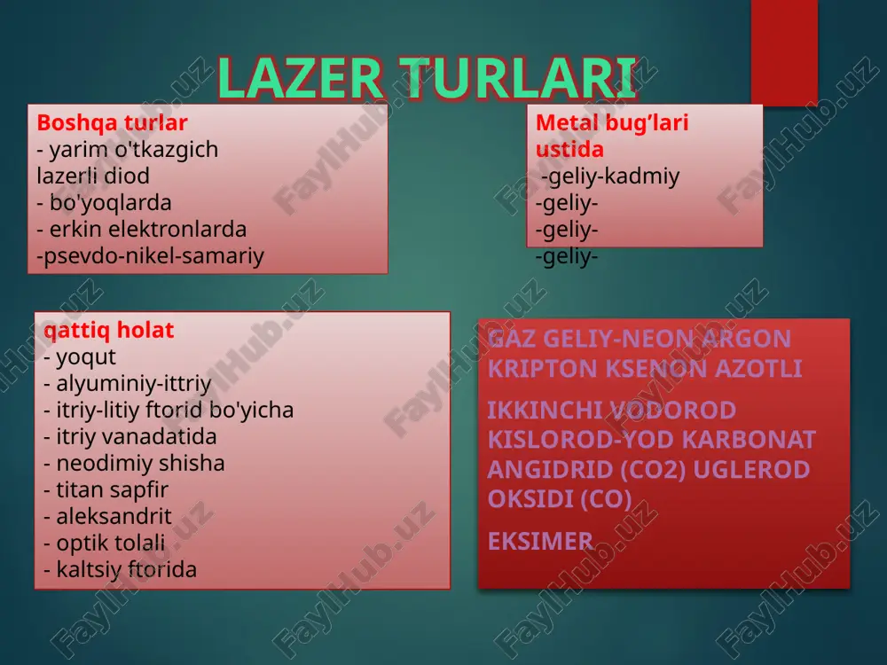 to'lqinining to'lqin uzunligi radio diapazonining to'lqin uzunligidan o'rtacha olti darajaga qisqaroqdir, shuning uchun lazer nurlanishi yordamida juda katta hajmdagi ma'lumotlar uzatilishi mumkin. lazerli aloqa ochiq va yopiq yorug'lik uzatuvchi tuzilmalar orqali, masalan, optik tola orqali amalga oshiriladi. to'liq ichki aks ettirish hodisasi tufayli yorug'lik u orqali uzoq masofalarga deyarli zaiflashmasdan tarqalishi mumkin. image2.jpeg image3.jpeg image4.jpeg image5.jpeg image6.jpeg image7.jpeg image8.jpeg image9.jpeg image10.jpeg