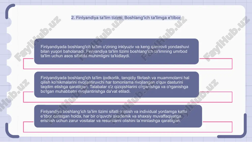 orlash va malakasini oshirishga e'tibor qaratilishidir. o'qituvchilar yuqori malakaga ega bo'lib, o'z malaka va bilimlarini doimiy ravishda oshirish uchun doimiy yordam oladilar, natijada finlyandiya maktablarida yuqori samarali va g'ayratli o'qituvchilar mavjud. 8. finlyandiya boshlang'ich ta'limidagi kelajak tendentsiyalari va innovatsiyalari finlyandiyada boshlang'ich ta'lim yaxlit rivojlanish va individual ta'limga qaratilgan. kelajakdagi tendentsiyalar ko'proq shaxsiylashtirilgan o'quv rejalarini va sinflarda texnologiyadan foydalanishni ko'paytirishni o'z ichiga oladi. finlyandiya boshlang'ich ta'limidagi innovatsiyalar tenglik va inklyuzivlikka katta e'tibor berish bilan bog'liq. maktablar o'quvchilarni kelajakka yaxshiroq tayyorlash uchun loyihaga asoslangan va hamkorlikda o'qitish usullariga o'tmoqda. onlayn ta'lim platformalari va virtual haqiqat kabi raqamli vositalarning integratsiyasi finlyandiyada boshlang'ich ta'lim manzarasini qayta shakllantirmoqda. tanqidiy fikrlash va muammolarni hal qilish ko'nikmalariga urg'u berish innovatsiyalarni rivojlantirishning kalitidir. e'tiboringiz uchun rahmat