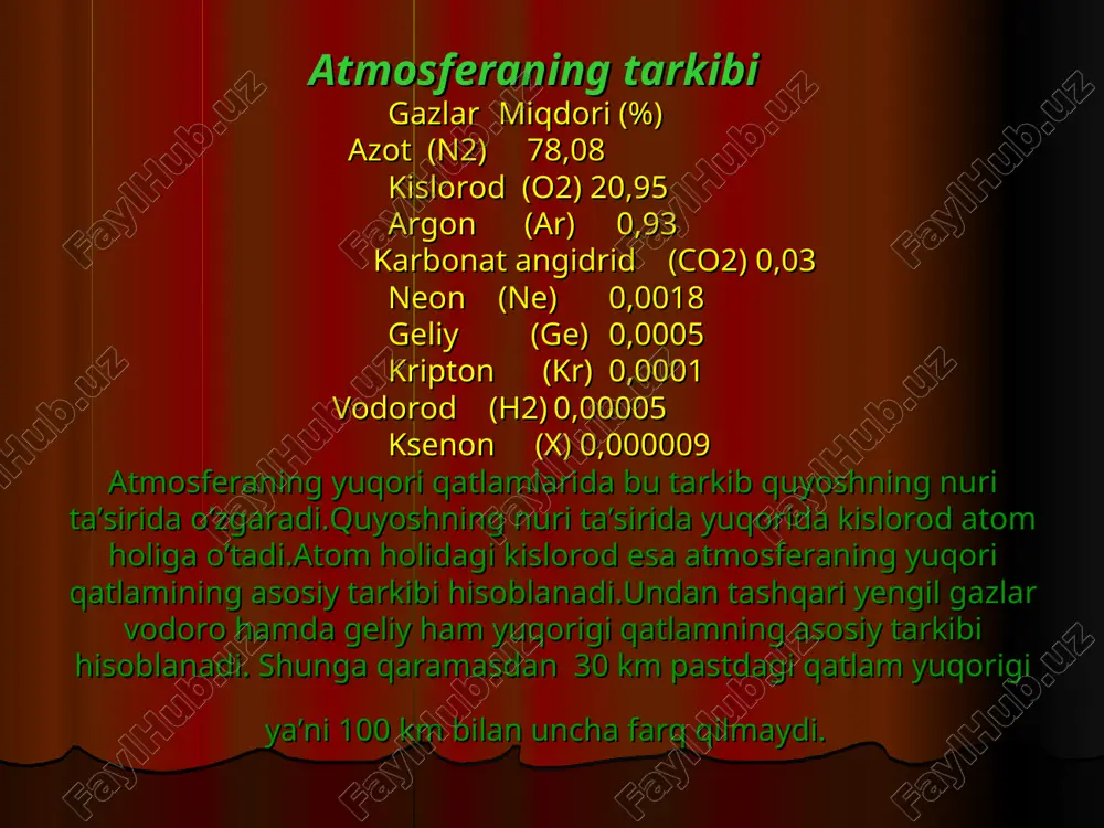 . atmosferaning ifloslanishi deganda havoga begona birikmalarning qo'shilishi natijasiga uning fizik va kimyoviy xususiyatlarining o’zgarishi tushuniladi, atmosfera tabiiy va suniy yo'llar bilan ifloslanadi. vulqonlar otilishi, chang to'zonlar, o'rmon va dashtlardagi yong'inlar o'simlik changlari mikroorganizmlar kosmik chang va boshqalar tabiiy ifloslanish manbalaridir. suniy ifloslanish manbalariga energetika, sanoat korxonalari, transport, maishiy chiqindilar va boshqalar kiradi. hozirgi kunda atmosferaning suniy ifloslanish darajasi oshib bormoqda .atmosferaning mahalliy, regional va global ifloslanishi kuzatiladi. agregat holatiga ko'ra atmosferani ifloslovchi birikmalarni to'rt guruhga bo'lish mumkin; qattiq, suyuq, gazsimon va aralash birikmalar, havoni ifloslovchi asosiy modda va birikmalarga aerozollar, qattiq zarrachalar, kurum, azot oksidlari, uglerod oksidlari, oltingugurt oksidlari, xlorftoruglevodorodlar, metal oksidlari va boshqalar kiradi, atmosferaga o'n minglab tonna modda va birikmalar chiqarilgan bo’lib, ularning o'zaro birikib hosil qilgan aralashmalari to'la urganilmagan. bunday nomalum birikmalarning tirik jonzotlarga shu jumladan inson sog'lig'iga tasiri aniq baholangan emas. atmosfera havosi ifloslanishining tirik organizmlarga ta'siri. havoning kuchli ifloslanishi insonlar sog'lig'iga, qolaversa barcha jonzotlarga …