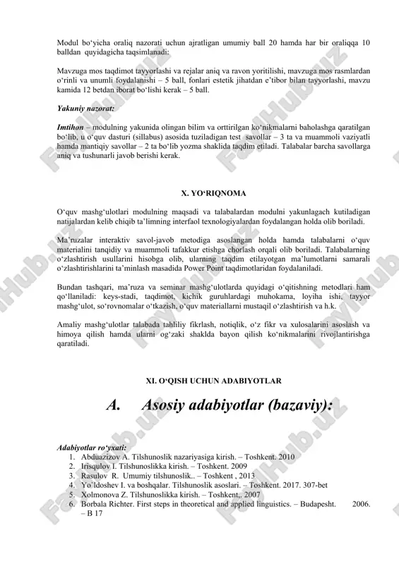 arga nol ball qo‘yiladi yoki oldin qo‘yilgan oraliq nazorat reyting ballini bekor qilinadi. i x. imtihon turi joriy nazorat: 1. o‘tilayotgan mavzu bo‘yicha og‘zaki himoya qilish uchun qo‘yiladigan talablar: mavzu to‘liq, aniq, sodda va lo‘nda tilda ochib berilishi; mavzu reja bo‘yicha ifodalanishi; mavzuga oid mustaqil, erkin, kreativ va ijodkorona yondoshib, fikrini bayon etishi. 1.mavzuga oid fikrlarini aniq, tushunarli hamda kretiv fikrlar asosida yoritib berish – 20 ball. 2. amaliy mashg‘ulotlarda faol ishtiroki. berilgan uyga vazifalarni va topshiriqlarni o‘z vaqtida bajarish, taqdimotlar tayyorlash, guruhlarda ishlash, munozaralarda ishtirok etish, rolli va didaktik o‘yinlardan foydalanish, interfaol metodlarga faol ishtirok etish – 20 ball. 3.talabaning darsga qatnashishi va daftarlarning yuritilishi -10 ball oraliq nazorat: modul bo‘yicha oraliq nazorati uchun ajratligan umumiy ball 20 hamda har bir oraliqqa 10 balldan quyidagicha taqsimlanadi: mavzuga mos taqdimot tayyorlashi va rejalar aniq va ravon yoritilishi, mavzuga mos rasmlardan o‘rinli va unumli foydalanishi – 5 ball, fonlari estetik jihatdan …