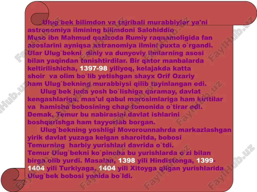 o`p tomli kitoblar bo`lgan. ulug`bek yunon olimlaridan aflotun, aratsu, gipparx, ptolemeylarning klassik asarlari bilan tanish bo`lgan va o`z vatandoshlari ahmad farg`oniy,beruniy, ibn sino, xorazmiy kabi olimlarning asarlarini yaxshi o`rgangan. samarqanddagi ulug`bek madrasasi faqat oliy uquv yurtigina emas, rasadxona bilan birga olganda o`sha davrning akademiyasi ham edi. ulug`bekning ustozi zamonasining mashhur olimi, matematik va astronom qozizoda rumiy madrasa muallimlaridan biri bo`lgan. ulug`bekning o`zi ham astronomiyadan dars bergan,qiyosiddin jamshid koshiy, muyniddin, mansur koshiy, muhammad birjoniy ulug`bek maktabining taniqli astronomlari edilar. ulug`bek olib borgan ilmiy ishlarida unga yaqindan yordam bergan shogirdlaridan biri ali qushchidir. samarqanddagi me'morchilikning nodir namunalaridan biri ulug`bek rasadxonasidir. bu inshoot ulug`bek farmoyishi bilan 1428-29 yillarda kuhak (cho`ponota) tepaligida obirahmat arig`i buyida bunyod etilgan. rasadxona silindr shaklida uch qavatli, balandligi 30,4 metrdan iborat ulkan bino bo`lgan. rasadxona o`rta asrlarda asbob-uskunasi jihatidan ham beqiyos bo`lgan. sharq astronomiyasida muhim ahamiyatga ega bo`lgan "ziji jadidi kuragoniy" asari ham shu yerda yaratilgan. boburning yozishicha, ulug`bek …