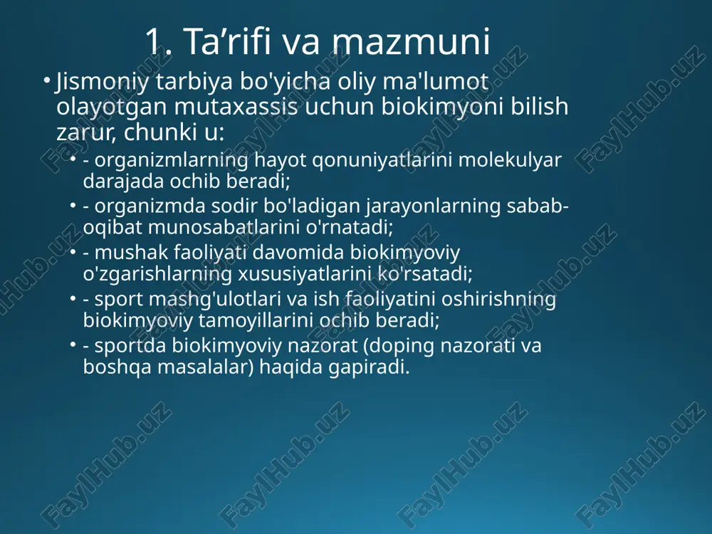 berdi hali tugallanmagan metabolizm. bu sohadagi birinchi muhim kashfiyotlardan biri bu kashfiyotlar edi vitaminlar, glikoliz va trikarboksilik kislota aylanishi. in 1953 yil amerikalik biolog j. uotson va ingliz fizigi f. krik tuzilishini tasvirlab berdi dnk - uzatish tamoyillarini tushunish kaliti irsiy ma'lumotlar. bu kashfiyot tug'ilishni anglatardi molekulyar biologiya. biokimyo tarixi 1958 yilda jorj beadl va edvard tatem oldi nobel mukofoti qo'ziqorinlar ustida olib borilgan ishlar uchun, uning xulosasi gipoteza edi "bitta gen - bitta ferment " . 1988 yilda kolin pitchfork natijasida olingan dalillar asosida qotillikda ayblangan birinchi shaxs bo‘ldi dnk barmoq izlari va birinchi jinoyatchi ushbu protseduradan ommaviy foydalanish natijasida qo'lga olingan . biokimyo rivojidagi eng so'nggi bosqichlardan biri (2006) kvitansiyadir endryu fire va kreyg mello fiziologiya yoki tibbiyot bo'yicha nobel mukofoti "kashfiyot uchun rnk aralashuvi - ma'lum bir faollikni susaytirish ta'siri genlar » 3. biokimyoviy tadqiqot biokimyoda tirik materiyaning tuzilishi va xossalarini oʻrganish uning alohida komponentlarga boʻlinishi va …