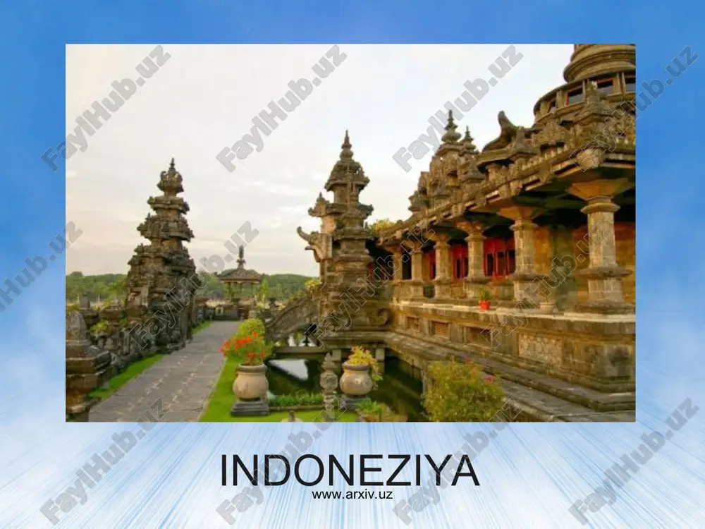 surabaya, palembang, balikpapan, ujungpan kabi yirik dengiz portlari ishlab turibdi. www.arxiv.uz www.arxiv.uz indoneziya transporti www.arxiv.uz www.arxiv.uz 6. tashqi iqtisodiy aloqalari indoneziya jahoning yaponiya,rossiya, aqsh, singapur, germaniya kabi rivojlangan mamlakatlari bilan iqtisodiy aloqalarni olib boradi. www.arxiv.uz www.arxiv.uz * indoneziya tashqi aloqalari www.arxiv.uz www.arxiv.uz 1. i.a.karimov, «o'zbekiston iqtisodiy islohotlarni chuqurlashtirish yo'lida» toshkent «o'zbekiston» 1995 yil. 2. i.a.karimov «o'zbekiston xxi-asr bo'sag'asida», «xafvsizlikka taxdid, barqarorlik shartlari va taraqqiyot kafolotlari». toshkent. «o'zbekiston» 1997 yil. 3. lipes yu.g. geografiya mirovogo xozyaystva. moskva «vlados», 1999 g. 4. sosialno-ekonomicheskaya geografiyu zarubejnogo mira. pod red. v.v.volskogo. moskva kron-press, 1998 g. 5. mironenko n.s. vvedeniye v geografiyu mirovogo xozyaystva. moskva 1995 g. 6. baburin v.a, mazurov yu.l. geograficheskiye osnovi upravleniya. moskva 2000 g. 7. soliyev a, maxammadaliyev r, iqtisodiy va ijtimoiy geografiya asoslari. t, o'zmu. 2005 yil. 8. naseleniya mira. demograficheskiy spravochnik. m: misl, 1989 g. 9. ergashev a. va boshq. jaxon mamlakatlari. toshkent 2006 yil. foydalanilgan adabiyoti www.arxiv.uz www.arxiv.uz …
