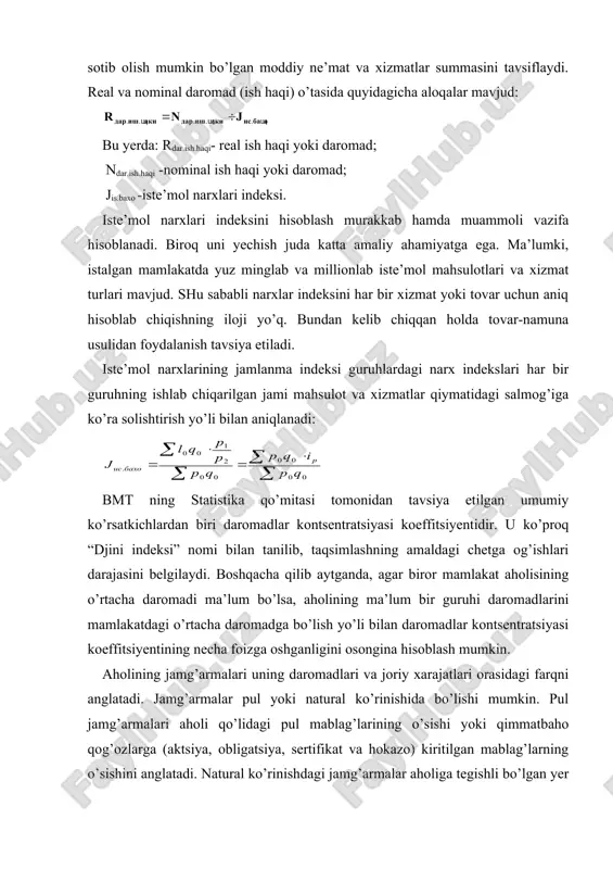 si o’z vaqtini ko’proq o’tkazuvchi joy) va ikkilamchi rezidentsiya ajratib ko’rsatiladi. uy-joy sifatini o’rganishda uyning qavatlari, devorlarning materiali, shiftning balandligi, maishiy-kommunal qulayliklar (elektr toki, gaz, suv, vannaxona, telefon va hokazo) bilan ta’minlanganlik darajasiga asosan guruhlashdan foydalaniladi. xususiy uy-joy uchun unga tegishli bo’lgan yer maydoni ko’rsatiladi. aholining uy-joy bilan ta’minlanganligini umumlashtirib, tavsiflash uchun belgilangan standart talablariga javob bermaydigan uy-joylarda yashovchilar soni va ularning aholi umumiy sonidagi salmog’i hamda har bir uy uchun to’g’ri keluvchi xonalar soni ko’rsatkichlari ham qo’llaniladi. farb mamlakatlarining uy-joy bilan ta’minlash standartida bu holda har bir yashovchiga bitta xona va yana qo’shimcha ravishda umumiy xona to’g’ri kelishi ko’zda tutilgan. aholining uzoq muddat xizmat qiluvchi turli jihozlar bilan ta’minlanishiga kelganda esa, xalqaro statistikada bunday jihozlarning har 100 ta oilaga yoki har 1000 kishiga to’g’ri kelishi hisobga olinadi. bu avtomobil, muzlatgich, sovutgich, televizor, telefon, kir yuvish mashinasi, changyutgich va hokazolarga tegishlidir. aholi oziq-ovqat va nooziq-ovqat mahsulotlarining eng zarur turlari iste’mol …