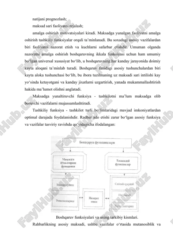 lishtirib borishdan iboratdir. • siyosiy-xukukiy funksiya: tashkilot xodimlarining jamiyatda qabul qilingan qonun va huquklar doirasida faoliyat yuritishlarini nazorat etadi va ta’minlaydi. • ijtimoiy funksiya: ijtimoiy xodisalar (turli kasb faoliyati va ularga xak tulash tafovutlari, ijtimoiy adolatni tatbiq etish, ijtimoiy ximoyaga muxtoj xodimlarning mavjudligi. • raxbatlantirish funksiyasi: ijro harakatlari meyorda utishini ta’minlashdan iborat bо‘lib, moddiy va ma’naviy ragbatlantirish vositalarini uz ichiga oladi. boshqaruv maksadi va vazifalari boshqaruv munosabatlarini keltirib chikaradi va boshqaruv psixologiyasi aynan shu munosabatlar tarkibini urganadi. boshqaruv psixologiyasining predmeti va vazifalari. kо‘rib utganimizdeq boshqaruv psixologiyasi boshqaruv maksadi va vazifalarni amalga oshirish davomida boshqaruv' subyekti va obyekta о‘rtasida yuzaga keluvchi munosabatni talkin etadi. mazkо‘r munosabat tizimining tashkiliy kismlari uzaro itoatdaligi bilan harakterlanadi. tizim ichida amal kiluvchi itoat tamoyili boshqaruv fanida subordinatsiya deb ataladi va bu ibora orqali tizimning markazlashganligi nazarda tutiladi. boshqaruvdagi subordinatsiya va kordinatsiya munosabatlari tashkilot miqyosidagi vertikal va gorizontal aloqalarni ajratish zaruratini tugdiradi. demak vertikal al okal ar …