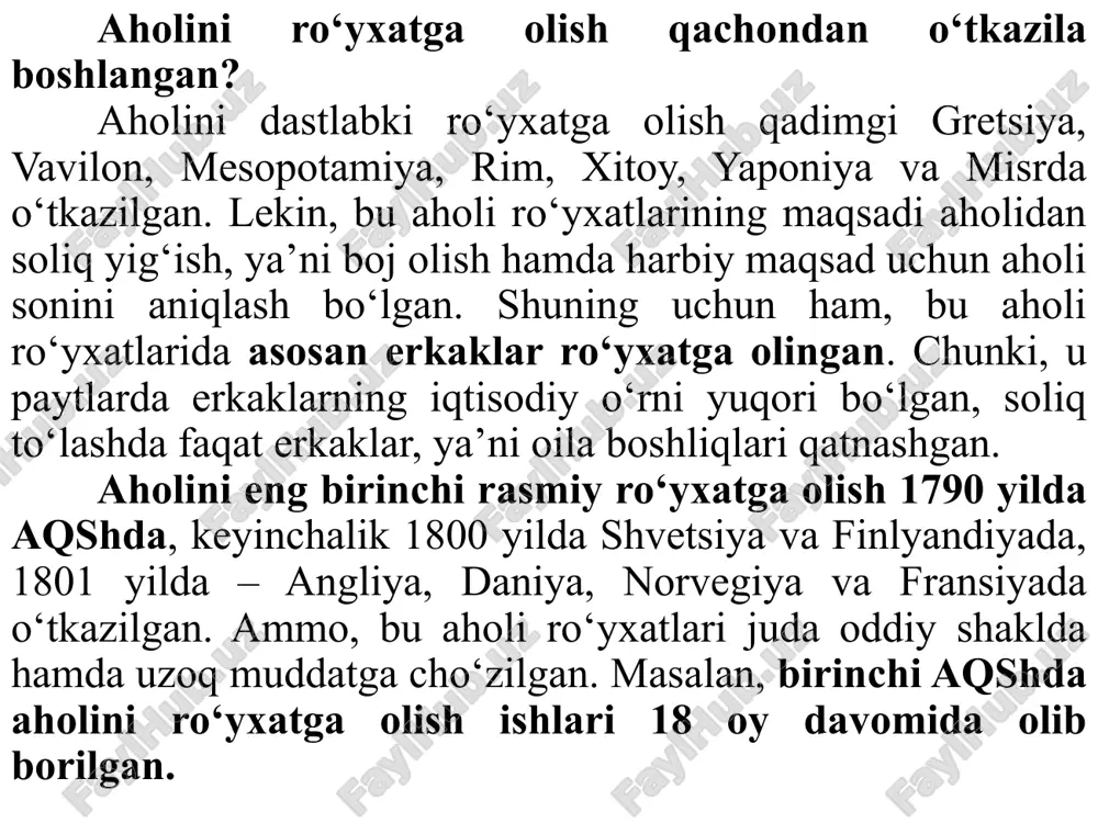 qiladi. shuning uchun aholi tarkibi va sonida yuz berayotgan о‘zgarishlar iqtisodiyotga, jamiyatga, mahsulot ishlab chiqarish va iste’mol darajasiga bevosita ta’sir о‘tkazadi. lekin mahsulot barcha aholi tomonidan emas, balki mehnat resurslari, ishchi kuchi tomonidan yaratiladi. aholi mahsulot resurslarini tо‘ldiruvchi sifatida, inson esa, ishchi kuchining egasi, shaxsiy va ijtimoiy manfatlarni aks ettiruvchi sifatida yuzaga keladi. shu bois aholini boshqarish va rejalashtirish uchun, uni statistik о‘rganish lozim. statistika mehnatga layoqatlilar soni, ularni xalq xо‘jaligi tarmoqlari va sektorlari bо‘yicha taqsimlash haqidagi ma’lumotlarni beradi. aholi rо‘yxati – ilmiy asosda tashkil etilgan statistik faoliyat bо‘lib, uning maqsadi – aholi soni, tarkibi va joylashishi haqidagi ma’lumotlarni olishdan iborat. aholini rо‘yxatga olishning о‘ziga xos birinchi xususiyati – bunda mamlakatni hamma hududi qamrab olinadi, davlatning hamma aholisi, hech qanday cheklashlarga yо‘l qо‘ymay qamrab olinadi. aholi rо‘yxatini о‘tkazishning ikkinchi hususiyati – aholi tarkibi haqidagi ma’lumotlarni olish. demak, bunda aholi bо‘yicha qandaydir belgilarni aniqlab olishi mumkin. bular aholi rо‘yxatini о‘tkazish davrida …