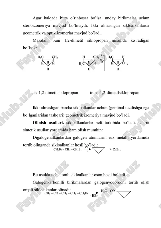 . sikloalkanlarning dastlabki vakillari gazsimon, siklopentandan boshlab suyuqlik. ularning qaynash, suyuqlanish haroratlari, zichliklari tegishli teng sonli alkanlarnikiga nisbatan katta. halqadagi uglerodlarning soni ortib borishi bilan sikloalkanlarning qaynash haroratlari ortib boradi. ayrim sikloalkanlarning muhim fizik kattaliklari jadvalda keltirilgan. nomi suyuqlanish harorati, 0c qaynash harorati, 0c zichligi, g/l siklopropan -126,9 -33 0,698 siklobutan -80,0 13 0,7038 metilsiklopropan -177,2 0,7 0,6912 siklopentan -94,4 49,9 0,7490 etilsiklopropan -149,4 34,5 0,677 siklogeksan -6,5 80,7 0,7781 metilsiklopentan -142,2 71,9 0,7488 kimyoviy xossalari. 3-a’zoli sikloalkanlar galogenlash, gidrogalogenlash, gipogalogenlash kabi kimyoviy jarayonlarga oson kirisha oladilar. reaksiya vaqtida c–c bog’i uziladi halqa ochiladi. galogenlash. siklopropanga brom bilan ta’sir etilganda 1,3-dibrom propan hosil bo’ladi: siklopropanni xlorlash reaksiyasida 1,3-dixlorpropan bilan birga xlor siklopropan ham hosil bo’ladi: siklobutan va uning gomologlari brom bilan qiyinchilik bilan yuqori haroratda reaksiyaga kirishadilar. siklopentan va siklogeksanga galogenlar bilan ta’sir etilganda, halqa ochilmaydi va almashinish reaksiyasi sodir bo’ladi. galoidvodorodlar ta’siri. siklopropan va siklobutanga galoidvodorodlar, ayniqsa vodorod bilan …