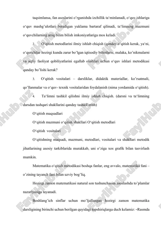 i ishlab chiqishda yo’llanma bo’lib xizmat qiladi. matematika metodikasi pedagogika, psixologiya va yosh psixologiyasi bilan bog’liq. boshlang’ich matematika metodikasi ta‘limning boshqa fan metodikalari (ona tili, tabiatshunoslik, rasm, mehnat va boshqa fanlar o‘qitish metodikasi) bilan bog’liq. o‘qitishda predmetlararo bog’lanishni to’g’ri amalga oshirish uchun o‘qituvchi buni hisobga olishi juda muhimdir. ilmiy-tadqiqot metodlari – bu qonuniy bog’lanishlarni, munosabatlarni, aloqalarni o’rnatish va ilmiy nazariyalarni tuzish maqsadida ilmiy axborotlarni olish usullaridir. kuzatish, tajriba, maktab hujjatlari bilan tanishtirish, o‘quvchilar ishlarini o’rganish, suhbat va so’rovnomalar o’tkazish ilmiy-pedagogik tadqiqot metodlari jumlasiga kiradi. so’nggi vaqtlarda matematik va kibernetik metodlardan, shuningdek, matematekani o‘qitishda modellashtirish metodlaridan foydalanish qayd qilinmoqda. matematika metodikasi ta‘lim jarayoni bilan bog’liq bo’lgan quyidagi uch savolga javob beradi: 1. nima uchun matematikani o’rganish kerak? 2. matematikadan nimalarni o’rganish kerak? 3. matematikani qanday o’rganish kerak? matematika metodikasi haqidagi tushuncha birinchi bo’lib shveytsariyalik pedagog matematik g.pestalosining 1803-yilda yozgan ―sonni ko’rgazmali o’rganish‖ asarida bayon qilingan. boshlang’ich ta‘lim haqida ulug’ mutafakkir abu …