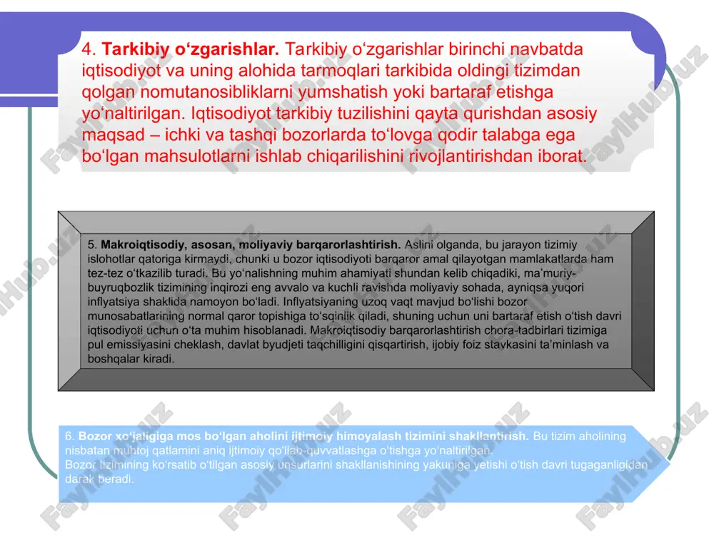 slangan klassik yoki erkin bozor iqtisodiyotiga va undan hozirgi zamon bozor iqtisodiyotiga o’tiladi. jahon tajribasi ko’rsatishicha, bozor iqtisodiyotiga revolyutsion yo’l bilan, ya’ni jadal usulda yoki evolyutsion yo’l bilan, ya’ni bosqichma-bosqich o’tish mumkin. birinchi xolda, tub islohotlarni o’tkazish, avvalgi tizimni va tarkib topgan iqtisodiy munosabatlarni birdagina va batamom sindirish talab etilio, «karaxt qilib davolash» usuli («shokovaya terapiya») deb ataladi. eski iqtisodiy munosabatlarni bosqichma-bosqich, yangi bozor munosabatlariga alishtira borib, samarali bozor iqtisodiyotini shakllantirib vujudga keltirish mumkin. islohotlar tajribasi shuni ko’rsatadiki, evolyutsion yo’l kamroq ijtimoiy larzalarga olib keladi, ancha izchil va muqarrardir. tartibga solinadigan bozor iqtisodiyotiga o’tish yo’llarigina emas, balki uning andozalari ham xilma-xildir. eng avvalo, ular shunday bozor iqtisodiyoti vujudga keltirilayotgan va amal qilib turgan mamlakatlarning oddiy xususiyatlari va an’analari bilan farq qiladi. shu boisdan bozor iqtisodiyotining ma’lum andozalari ularni amalga oshiruvchi muayyan mamlakatga mansubligiga qarab ajratiladi. masalan, germaniya, janubiy koreya, turkiya, argentina, polьsha andozalari va hokazo. o’tish davrida bozor iqtisodiyotini shakllantirishning …
