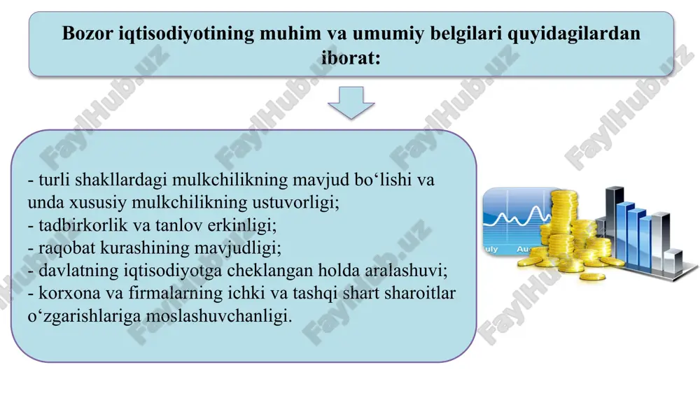 - bu bozor aloqalarini o‘rnatish va ularning bir maromda amal qilishiga xizmat ko‘rsatuvchi muassasalar tizimidir. bozor infratuzilmasi tarkibiga kiruvchi muassasalarni quyidagi asosiy yo‘nalishlar bo‘yicha guruhlash mumkin: 1. tovar va xizmatlar muomalasiga xizmat qiluvchi muassasalar (ombor xo‘jaligi, transport va aloqa xizmatlari ko‘rsatuvchi korxonalar, birjalar, auksionlar, savdo uylari, savdo-sotiq idoralari va agentliklari va h.k.) 2. moliya-kredit munosabatlariga xizmat qiluvchi muassasalar (bank, kredit muassasalari, sug‘urta va moliya kompaniyalari, soliq idoralari va h.k.) 3. ijtimoiy sohaga xizmat ko‘rsatuvchi muassasalar (uy-joy va kommunal xizmat idoralari, aholini ishga joylashtirish firmalari va h.k.) 4. axborot xizmati idoralari (ma’lumotlarni to‘plash, umumlashtirish va sotish bilan shug‘ullanuvchi muassasalar). birja - namuna (yoki standart)lar asosida ommaviy tovarlarning muntazam savdo-sotiq ishlarini o‘tkazuvchi tijorat muassasasi. uning tovar birjasi, fond birjasi, valyuta birjasi, mehnat birjasi singari turlari keng tarqalgan. broker (makler) - bu tovar, fond va valyuta birjalarida oldi-sotdi bitimlarini tuzishda vositachilik qiladigan shaxs yoki maxsus firma. talab tushunchasi ehtiyojning faqat pul bilan ta'minlangan …