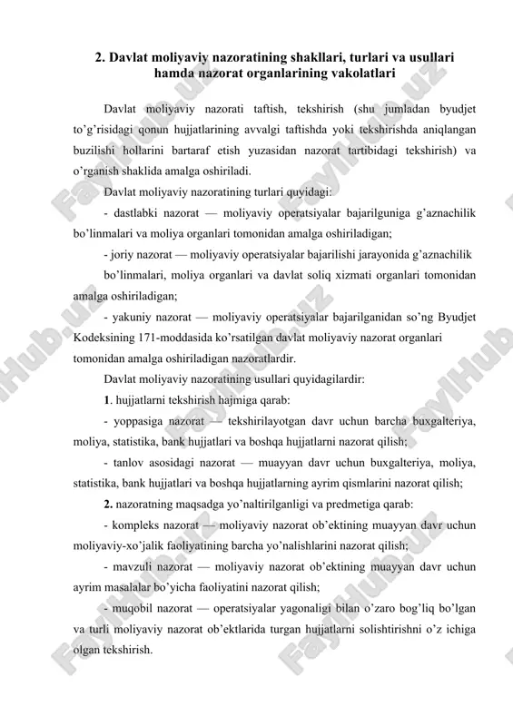 metrlarini shakllantirish jarayonlarini, ularning qonun hujjatlari talablariga muvofiqligiga rioya etilishini tizimli o’rganish; - byudjet tizimi byudjetlarining daromadlarini shakllantirish va mablag’lari sarflanishini umumiy, moddalar bo’yicha, tarmoqlar hamda hududlar kesimida nazorat qilish va tekshirish; - davlat maqsadli dasturlari amalga oshirilishining to’liqligi va samaradorligini baholash; - o’zbekiston respublikasi vazirlar mahkamasining va o’zbekistorespublikasi moliya vazirligining bank hisobvaraqlaridagi mablag’larining qonuniy shakllantirilganligini, maqsadli hamda samarali sarflanganligini nazorat qilish va tekshirish; - o’zbekiston respublikasining respublika byudjeti va qoraqalpog’iston respublikasi byudjeti, viloyatlar va toshkent shahar mahalliy byudjetlari o’rtasida maqbul nisbatga erishishga doir takliflarni tahlil qilish hamda baholash; - davlat aktivlari shakllantirilishini, ulardan samarali va maqsadli foydalanilishini tekshirish; - daromad keltiruvchi tarmoqlar korxonalari faoliyatini byudjet tizimi byudjetlariga qo’shimcha tushumlar zaxiralarini aniqlashga yo’naltirilgan tarzda tahlil va nazorat qilish; - o’zbekiston respublikasining tiklanish va taraqqiyot jamg’armasi, o’zbekiston respublikasi moliya vazirligi huzuridagi davlat ehtiyojlari uchun xarid qilinadigan qishloq xo’jaligi mahsulotlari uchun hisob-kitoblar jamg’armasi, qishloqlarni qishloq xo’jalik texnikasi bilan ta’minlashni davlat tomonidan rag’batlantirish …