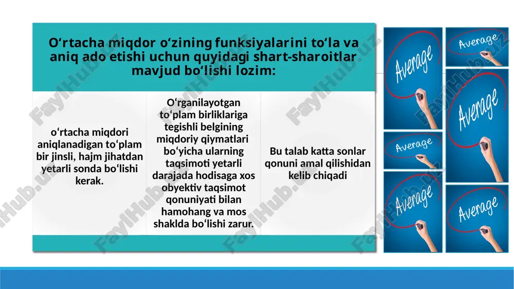 tomonining o‘rtacha uzunligi qancha? garmonik о‘rtacha miqdor garmonik о‘rtacha deb shunday о‘rtacha miqdorga aytiladiki, u bilan о‘zgaruvchilarni almashtirayotganda ularning teskari qiymatlari yig‘indisi о‘zgarmas miqdor deb qaraladi. oddiy garmonik о‘rtacha: misol. ikkita ishchi 8 soat mobaynida detallarga ishlov berdi. ish davomida birinchi ishchi 1- detalga 24 minut, ikkinchisi esa 32 minut vaqt sarfladi. har ikkala ishchi о‘rtacha bir detalga qancha vaqt sarflaganini hisoblaymiz. о‘rtacha tortilgan garmonik miqdor о‘rtalashtirilayotgan miqdorlar har xil vaznga (wi) ega bо‘lgan taqdirda qо‘llaniladi va quyidagicha hisoblanadi: misol. bir kichik korxonadagi xodimlarning oylik ish haqlari tо‘g‘risida quyidagi berilgan ma’lumotlar asosida korxona xodimlarining о‘rtacha oylik ish haqlari miqdori hisoblansin: kvadratik o'rtacha agarda belgining ayrim miqdorlarini o‘rtacha bilan almashtirish jarayonida ularning kvadratlari yig'indisini o'zgarmas holda saqlash kerak bo'lsa, u holda bu o'rtacha kvadratik o'rtacha deb aytiladi, ya’ni kubik o'rtacha xuddi shuningdek, agarda masalaning shartiga binoan belgi ayrim miqdorlarining kublari yig'indisi o'zgarmay qolishini ta'minlab, ularni o'rtacha bilan almashtirish zarur bo'lsa, u …