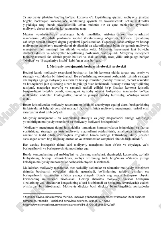 arur va etarli boʻlgan kapitalni shakllantirish hamda jalb qilingan mablagʻlarni samarali (foydali) joylashtirish. korxona passivlari ikki asosiy guruhdan tashkil topgan moliyalashtirish manbalaridan iborat: oʻz (ichki) va chetdan jalb qilingan (qarz) mablagʻlar. bunda u yoki bu manbani shakllantirish korxona uchun birdek kechmaydi. jalb qilingan kapital qiymati har bir manbani saqlab turish va faoliyatni zarar bilan yakunlamaslik boʻyicha jarajatlarni qoplash uchun zarur boʻlgan daromadning minimal darajasini ifodalaydi. kapital qiymatini miqdor jihatdan baholash korxonani moliyalashtirish manbalarining muqobil variantlarini tanlab olishda muhim ahamiyatga ega. korxonani moliyalashtirish manbalari qiymatini aniqlash uchun oʻz va qarz mablagʻi oʻrtasidagi nisbatga bogʻliq boʻlgan va uning oʻzgarishi bilan oʻzgarib boruvchi, jalb qilingan kapitalning oʻrtacha qiymati hisoblanadi. bunda oʻz va qarz mablagʻlar qiymatini oʻzgarish sur’atlari turlicha boʻlishi mumkin. shu tariqa, aksiyadorlar qarz mablagʻlari qiymatini oshishiga tezkor munosabat bildira olmaydi va oʻz qoʻyilmalari boʻyicha oʻsib boruvchi tavakkalchilik uchun tovon sifatida dividendlarni koʻpaytirishni talab qilishi mumkin. mazkur nazariya mualliflari, aksariyat hollarda kapital strukturasi …