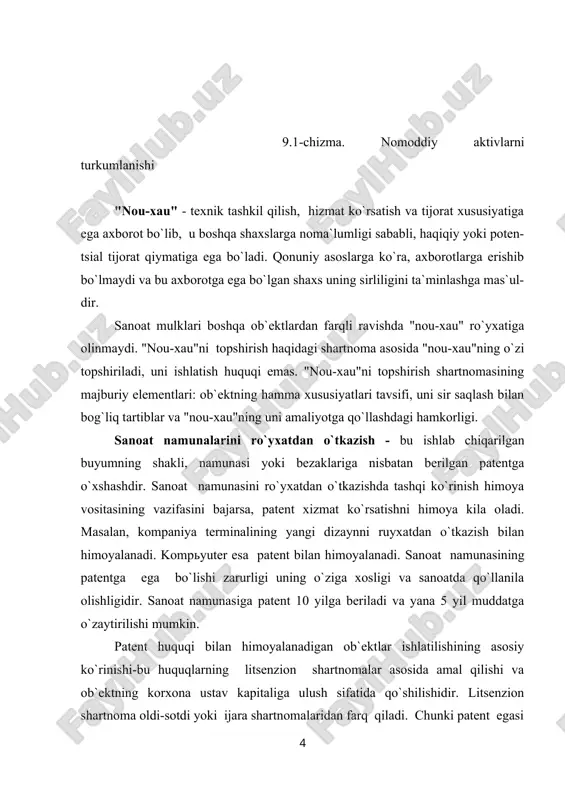 a solinadigan ob`ektlarga kompьyuterlar uchun dasturlar, ma`lumotlar ba--zasi va shuningdek, ilm-fan, adabiyot, san`at asarlari misol bo`la oladi. mualliflik huquqi bilan boshqariladigan ob`ektlarni ro`yxatdan o`tka-zish shart emas. muallif o`z asarini ob`ekt ko`rinishida namoyon qilishi va uni istalgan vaqtda ko`rsatib berishi shart. mualliflik huquqi ob`ektlarni topshi-rishning huquqiy ko`rinishi, ya`ni mualliflik shartnomasidir. ma`lum turdagi faoliyat bilan shug`ullanish huquqini beruvchi litsenziyalar misol bo`la oladi. albatta, bunda litsenziya bir yildan ortiq muddatga berilgan bo`lishi kerak. kashfiyot agar yangi kashfiyot bo`lsa va sanoatda qo`llanila olsa yoki ma`lum bo`lgan asbob-uskunalar, shtamp, kimyoviy moddalardan yangicha tarzda ko`llanilsa, ular ham qonuniy ravishda himoyalanishi mumkin. kashfiyotlarga patent 20 yilga beriladi va u kashfiyotning ustunliklarini, muallifligini tasdiqlovchi hujjat sanaladi va uni ishlatishga huquq beradi. savdo markalari va tovar belgisi. savdo markalari (masalan: nestle, adi-das) yoki savdo namunalari (koka-kola) kompaniyalar tomonidan mahsulot yoki xiz-mat uchun berilgan nomlar yoki identifikatsiyani aniqlovchi boshqa ramzlar ular egalik qilishni asosli ravishda olib borish uchun ruyxatdan o`tkazilishi …