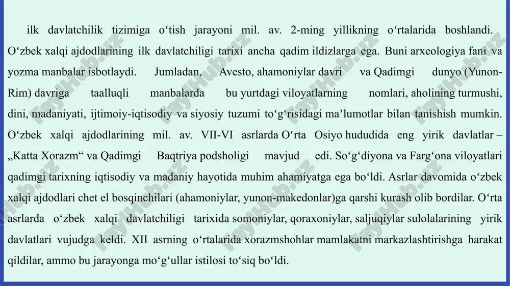 ining qadimgi davrlardagi moddiy va maʼnaviy hayoti, diniy qarashlari, olam va odam toʻgʻrisidagi tasavvurlari, urf-odat va qadriyatlari haqida bebaho maʼlumot beradi. tarixchi masʼudiyning yozishicha, podsho doro ibn doro xazinasida “avesto”ning 12 ming oltin taxtaga, balxiyning “forsnoma” kitobi va abu rayhon beruniy asarlarida keltirilgan maʼlumotlarga koʻra esa, 12 mingta mol terisiga tillo suvida yozilgan 32 ta kitobdan iborat nusxasi boʻlgan. makedoniyalik aleksandr miloddan avvalgi 329–327-yillarda markaziy osiyoni zabt etgan davrda “avesto”ning koʻpgina sahifalari yoqib yuborilgan. «аvesto» kitobida qadimiy davlatchilik tarixiga oid ma’lumotlar 7 yasna (diniy marosimlar) yasht (maʼno jihatdan yasnaga yaqin) visparad (barcha ilohlar haqidagi kitob) vendidad (yovuz ruhlarga qarshi qonunlar majmuasi) “avesto”ning bizgacha 5 ta qismi yetib kelgan sosoniylar sulolasi hukmronlik qilgan milodiy i asrda zardushtiylik diniga boʻlgan qiziqish kuchaygan hamda parfiyadagi arshakiylar hukmdori vologes tomonidan “avesto”ning turli manbalarda saqlanib qolgan yozma va ogʻzaki namunalari qayta toʻplangan. podsho ardasher (226–242) va uning oʻgʻli shopur (242–272) hukmronlik qilgan davrda zardushtiylik yana …