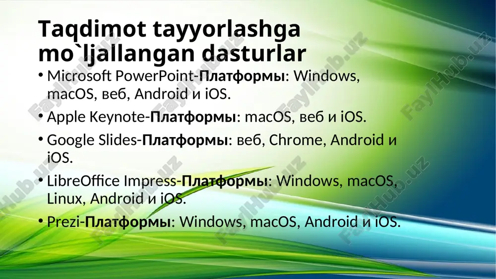 sturiy majmualar o`zining imkoniyati bilan powerpoint dasturidan qolishmaydigan ko`plab turlari ishlab chiqarilmoqda prezi prezi — bu masofali xizmat ko`rsatuvchi intеraktiv taqdimot yaratuvchi dasturiy vosita hisoblanadi. bu dasturiy ta'minotni qo`llash uchun intеrnеt tarmog`idan //prezi.com adrеsi bo`yicha o`tiladi va shu saytda ro`yxatdan o`tiladi. ro`yxatdan o`tish jarayonida foydalanuvchi o`zi tashkil etgan elеktron pochtasi nomidan foydalangan holda rеgistratsiyadan o`tishi mumkin bo`ladi. taqdimot yaratish uchun dastur oynasidan new prezi tugmasini bosiladi. shundan so`ng brauzеr oynasida yangi oyna ochiladi va bu еrda ko`plab shablonlar taklif etiladi. agar shablonlardan foydalanishni istamasangiz, yangi bo`sh listdan ish boshlashni xoxlasangiz start blank prezi variantini tanlaymiz. apple keynote ketnote-dasturida slayd-shoularni yaratish ajablanarli darajada oson. tayyor rasmlaringiz yordamida slayd-shoudan foydalaniladi. fotografik slayd-shou yaratish uchun dasturda keltirilgan 44 mavzudan birini tanlanadi. apple keynote oynasi slayd mavzusi va masshtabini tanlash oynasi google slides o'qituvchilar va talabalar uchun google slides eng qiziqarli va ko'p qirrali vositalardan biri bo'lib, uning yordamida siz skype yoki boshqa xizmatlar …