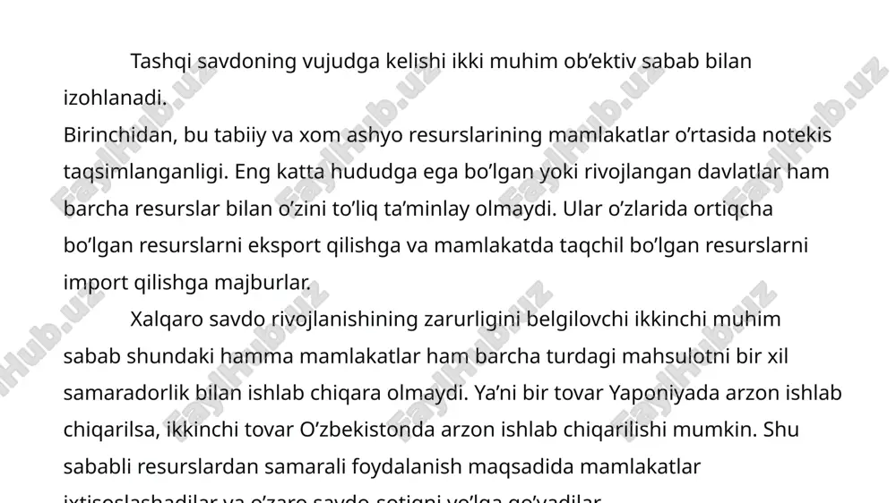 ort qilishga va mamlakatda taqchil bo’lgan resurslarni import qilishga majburlar. xalqaro savdo rivojlanishining zarurligini belgilovchi ikkinchi muhim sabab shundaki hamma mamlakatlar ham barcha turdagi mahsulotni bir xil samaradorlik bilan ishlab chiqara olmaydi. ya’ni bir tovar yaponiyada arzon ishlab chiqarilsa, ikkinchi tovar o’zbekistonda arzon ishlab chiqarilishi mumkin. shu sababli resurslardan samarali foydalanish maqsadida mamlakatlar ixtisoslashadilar va o’zaro savdo-sotiqni yo’lga qo’yadilar. bu ikki ob’ektiv sabab har qanday milliy iqtisodiyotning takror ishlab chiqarishi jarayonida xalqaro savdoning ahamiyatini aniqlaydi. 90-yillarning boshlarida xalqaro savdo hajmi aqshda yalpi milliy mahsulotning 16-18 foizini, germaniyada 30-39 foizini tashkil etdi. shu davrda o’zbekiston yalpi milliy mahsulotida tashqi savdoning ulushi 10-12 foiz atrofida bo’ldi. tashqi savdo xalqaro ayirboshlashning an’anaviy shakli sifatida quyidagi ko’rinishlarni o’z ichiga oladi: mahsulotlarni ayirboshlash: yoqilg’i-xom ashyo mahsulotlari, qishloq xo’jaligi mahsulotlari, sanoat mahsulotlari; xizmatlarni ayirboshlash: muhandislik-maslahat xizmatlari; transport xizmatlari, sayyohlik va boshqa xizmatlar. hozirgi vaqtda xizmatlarning jahon eksportidagi hissasi 30 foizdan oshib ketdi; yangi ilmiy-texnik ma’lumotlarni ayirboshlash: …