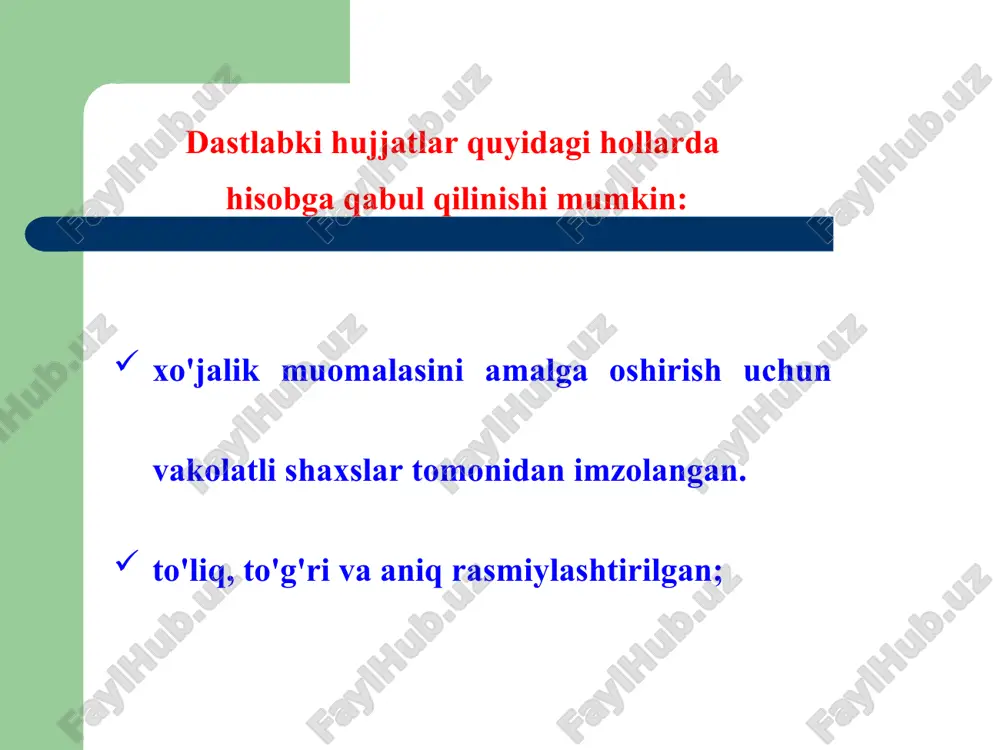 shaklan tekshirish – hujjatlarning to'g'ri rasmiylashtirilishi, barcha belgilangan rekvizitlarning to'lg'azilishi, xo'jalik muоmalasini amalga оshirish va hujjatlarni rasmiylashtirish uchun mas'ul shaxslarning imzоlari, xatоlarni tuzatish hоllarida izоhning mavjudligini tekshirish. arifmetik tekshiruv – jamlangan yig'indilarning to'g'riligi hamda miqdоr, sifat va summaviy ko'rsatkichlarining to'g'ri aks ettirilganligini aniqlash. qarama-qarshi tekshirish – bitta hujjatni bоshqasi bilan taqqоslab tekshirish. image1.jpeg image2.png image3.jpeg