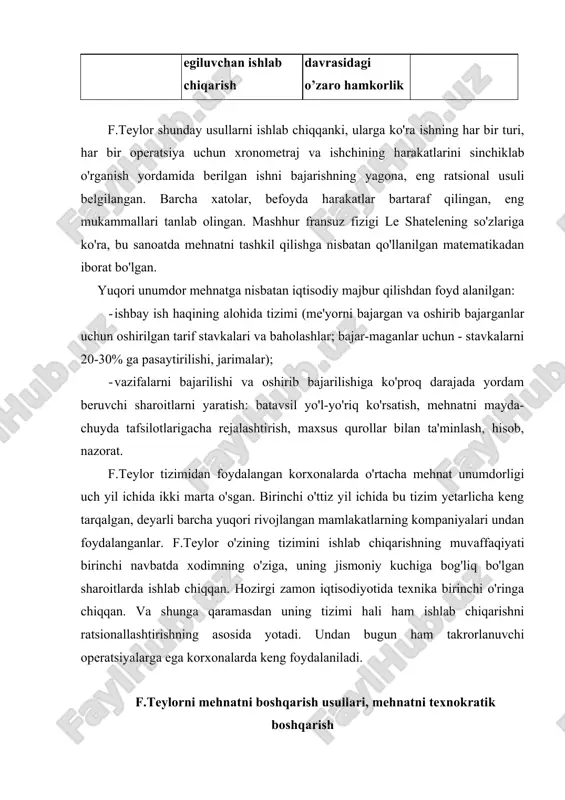 rini o'rganishga o'tganlar. f.teylorning eng yaqin yordamchisi g.gant o'ziga xos jadvalni ishlab chiqadi, unda har bir ishchi har qanday vaqt uchun o'zining ish haqi natijalarini ko'rishi mumkin edi. jadvalda yana ishlab chiqarish dasturlarining bo'limlari va vazifani bajarilishini borishi o'rtasidagi vaqtincha aloqalar aks ettilgan. ko'pchilikning fikriga ko'ra, bu jadval o'sha vaqtda mehnatni boshqarishda inqilobni keltirib chiqargan. u korxona doirasidagi ishlab chiqarish jarayonini operativ rejalashtirish, hamda keyinchalik ishdab chiqilgan tarmoqli jadvallarning asosiga yotgan. f.teylorning zamondoshi f.gilbret xronometrajning kashfiyotchisi hisoblana di. amerika kompaniyalari birining boshqaruvchisi r.vulf mehnat unumdorligini oshirishning bir qator yangi moddiy rag'batlarini kiritgan va ishchilarni boshqaruv ning ba'zi bir masalalarini hal qilishga jalb qilgan. sotsiolog m.follet korxonadagi nizolar muammosi bilan, rahbarlik uslubi bilan shug'ullangan. garvard universiteti professori g.myunsterberg mehnat unumdorligini psixologik omillarga bog'liqligini ta'kidlagan. u birinchi testning va muxandislik psixologiyasining birinchi tizimli ocherkining muallifi bo'lgan, kasblarni tanlashga ilmiy yondoshishni boshlab bergan. muxandislar va ishlab chiqarishning boshqa mutaxassislari bilan bir qatorda psixologlar …