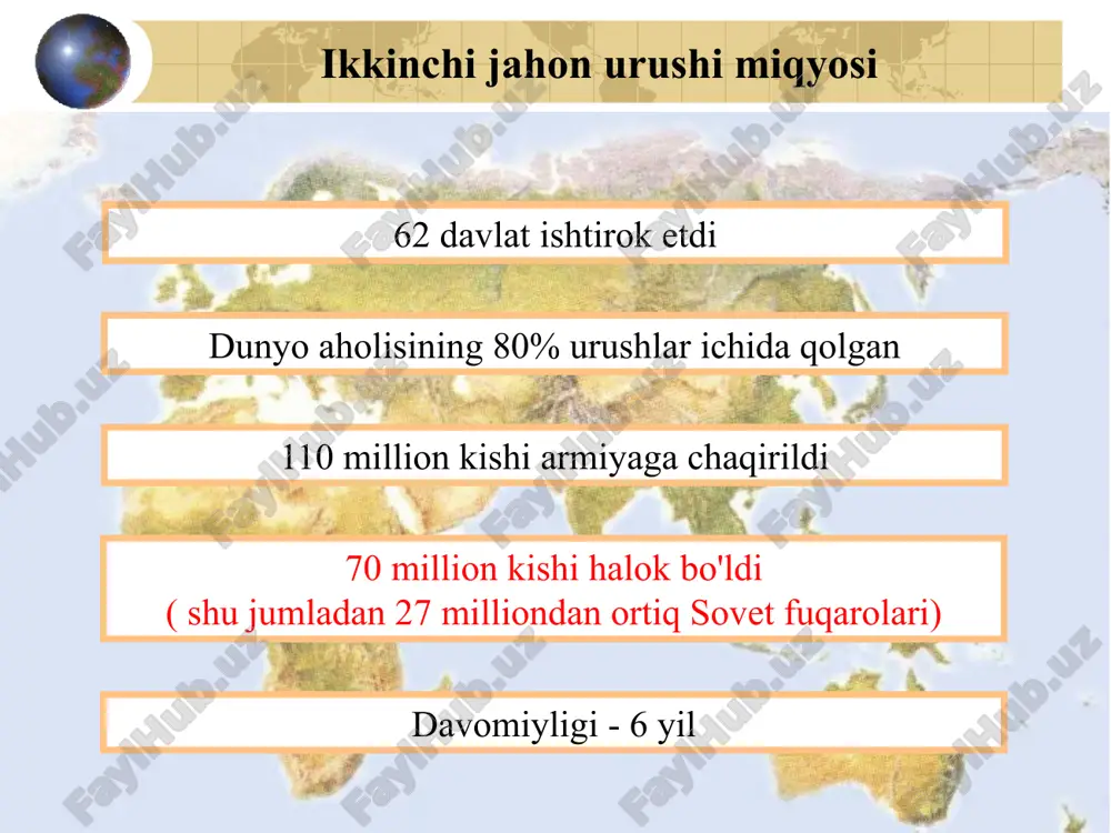 glizlar tomonidan mag'lubiyatga uchradi. bolqonlarning 1940 yil kuzi 1940 yil 28 oktyabrda italiya gretsiyaga hujum qildi. italiya qo'shinlari yunon armiyasining o'jar qarshiliklariga duch kelishdi. mussolinining iltimosiga binoan germaniya yordamga keldi. 1941 yil bahori 1941 yil 6 aprelda nemis qo'shinlari gretsiya va yugoslaviyaga hujum qildi. ular tezda yunon va yugoslaviya qo'shinlarining qarshiligini sindirishdi. nemis armiyasi 1941 yil aprel oyida yugoslaviyaga bostirib kirdi. 1940-yil 27-sentyabrda germaniya , italiya va yaponiya uch tomonlama paktni imzoladilar , bu harbiy ittifoq dunyoni bo'linishini ta'minlaydi. i.v. ham uch tomonlama paktga kirishga tayyor edi. stalin qora dengiz bo'g'ozlariga da'vo qildi, ammo germaniya ham bunga intildi. ikki davlat o'rtasidagi munosabatlar tezda yomonlasha boshladi. biz hammaga qarshimiz! 1941 yilning yozida germaniya va italiya yevropaning 12 davlatini (fashistik bosqinchilik rejimini) bosib oldilar: demokratik erkinliklarga barham berildi siyosiy partiyalar va kasaba uyushmalari tugatildi ish tashlash va namoyishlar o‘tkazish taqiqlanadi iqtisodiyot bosqinchilar ehtiyojlarini qondirish uchun ishladi millionlab odamlarni yo'q qilish dasturi xolokost …
