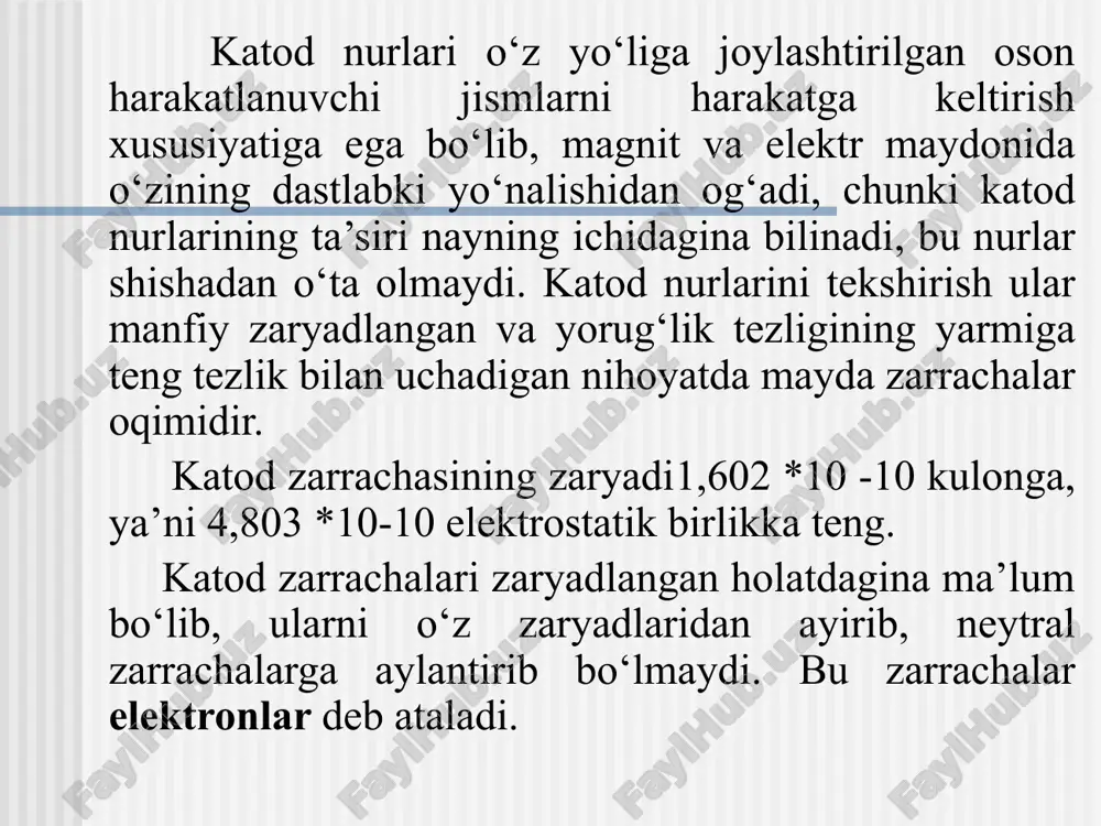 ega bo’lgan orbita bo’ylab harakatlanadi. 2. elektronlar bir orbitadan boshqa orbitaga o’tganda o’zidan energiya chiqarishi yoki yutishi mumkin. e = h x ν bu yerda: e – energiya h – plank doimiysi ν - chastota kvant sonlar atomda yadro atrofidagi elektronlarning qanday holatda joylashishini ya’ni xarakatlanishini kvant mexanikasi bo’limi o’rganadi. atomdagi energetik qobiqlarda, qobiqchalar va yacheykalardagi elektronlar harakati yoki holati 4 ta kvant son bilan ifodalanadi. bosh kvant son (n) – yadro atrofida xarakatlanadigan elektronlarni yadrodan qanday masofada joylashganini va har bir qavatda joylashgan elektronlarning energiyasini ifodalaydi. n = 1, 2, 3, 4, 5, 6, 7...... (butun va musbat rasional sonlar) bilan ifodalanadi. orbital kvant son ( l ) – orbital kvant son elektronlarning yadro atrofida qanday ko’rinishda harakatlanishini aniqlab berish uchun qabul qilingan u l - (el) –harfi bilan belgilanadi. orbital deb − elektronlarning yadro atrofida bo’lish ehtimoli eng ko’p bo’lgan faziga aytiladi. orbitalda jami elektronlarning 90% to’plangan bo’ladi. …