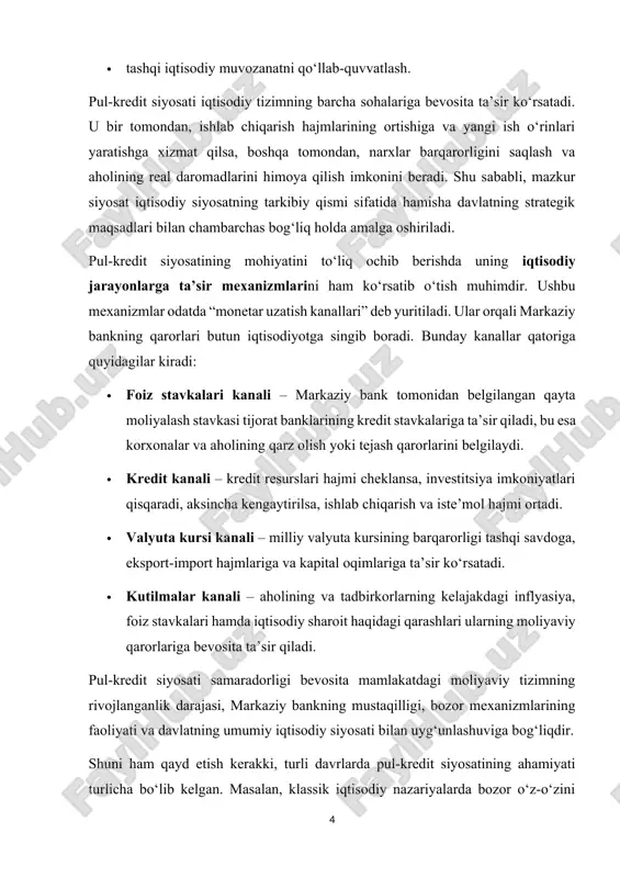 ankning qarorlari butun iqtisodiyotga singib boradi. bunday kanallar qatoriga quyidagilar kiradi: · foiz stavkalari kanali – markaziy bank tomonidan belgilangan qayta moliyalash stavkasi tijorat banklarining kredit stavkalariga ta’sir qiladi, bu esa korxonalar va aholining qarz olish yoki tejash qarorlarini belgilaydi. · kredit kanali – kredit resurslari hajmi cheklansa, investitsiya imkoniyatlari qisqaradi, aksincha kengaytirilsa, ishlab chiqarish va iste’mol hajmi ortadi. · valyuta kursi kanali – milliy valyuta kursining barqarorligi tashqi savdoga, eksport-import hajmlariga va kapital oqimlariga ta’sir ko‘rsatadi. · kutilmalar kanali – aholining va tadbirkorlarning kelajakdagi inflyasiya, foiz stavkalari hamda iqtisodiy sharoit haqidagi qarashlari ularning moliyaviy qarorlariga bevosita ta’sir qiladi. pul-kredit siyosati samaradorligi bevosita mamlakatdagi moliyaviy tizimning rivojlanganlik darajasi, markaziy bankning mustaqilligi, bozor mexanizmlarining faoliyati va davlatning umumiy iqtisodiy siyosati bilan uyg‘unlashuviga bog‘liqdir. shuni ham qayd etish kerakki, turli davrlarda pul-kredit siyosatining ahamiyati turlicha bo‘lib kelgan. masalan, klassik iqtisodiy nazariyalarda bozor o‘z-o‘zini tartibga solishi mumkin deb hisoblangan bo‘lsa, keynschilik yondashuvida davlatning …