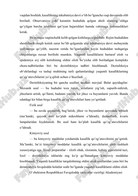lik qoʼzgʼatuvchilarini qirib tashlash xususiyatiga ega. xlorli preparatlar – xlorli ohak, xloramin, kaltsiy gipoxlorid tuzi, lizol – dezinfeksiya ishlarida eng koʼp qoʼllanadigan kimyoviy moddalar hisoblanadi. yuqumli kasalliklar tarqalishining oldini olish usullaridan yana biri bu deratizatsiya fаvquloddа holаtlаr sodir boʼlgаndа yuqumli kаsаlliklаrni oldini olish o`zbekiston respublikasi favqulodda vaziyatlar vazirligi akademiyasi - 2021 tadbiridir. deratizatsiya deganda yukumli kasallik tarqatuvchi kemiruvchilar — sichqon kalamush, yumronqoziq va hakazolarni yoʼqotish boʼyicha olib boriladigan tadbirlar tushuniladi. maʼlumki, koʼplab kemiruvchilar qonida insonlar uchun xavfli boʼlgan mikroblar mavjud. bu mikroblar ularning ajralmalaridan tashqi muhitga tushib atrof muhitni, shu jumladan, oziq-ovqat mahsulotlarini ifloslantirishi va kasallikka sabab boʼlishi mumkin. yuqumli kasallik tarqalishining oldini olishga qaratilgan yana bir tadbir bu dezinsektsiya tadbiridir. dezinseksiya deganda yuqumli kasallik tarqatuvchi hasharotlar — pashsha, chivin, kana, bit, burga va hakazolarni yoʼqotish boʼyicha olib bboriladigan choratadbirlar tushuniladi. hasharotlarni yoʼqotish orqali biz kasallik keltirib chiqaruvchi mikroblar tashuvchisini yoʼqotamiz. yuqumli kasalliklarning oldini olish usullaridan yana biri bu emlash …