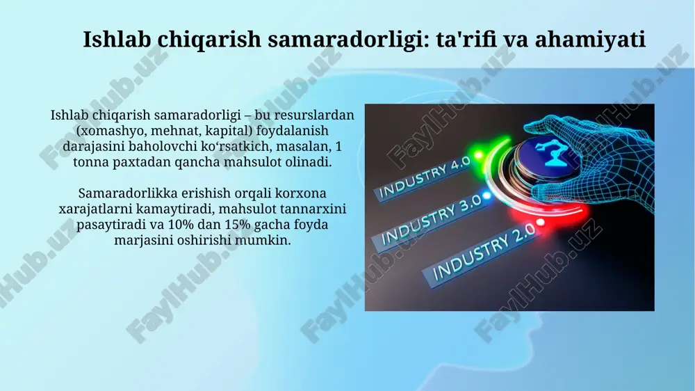 slarni optimallashtirish, misol uchun, "just-in-time" (jit) usuli bilan inventarni 20% ga qisqartirish va samaradorlikni oshirishga yordam beradi. misollar va amaliyotlar ishlab chiqarish unumdorligi ko'rsatkichlariga misol sifatida, bir ishchi soatiga 10 ta mahsulot ishlab chiqarish, bu ko'rsatkichni 12 taga oshirish unumdorlikni 20% ga oshirishni anglatadi. amaliyotda resurslarni optimallashtirish, masalan xom ashyo sarfini 15% ga kamaytirish yoki energiya samaradorligini 10% ga oshirish orqali ishlab chiqarish samaradorligini oshirish mumkin. xulosa ishlab chiqarish samaradorligini baholash uchun asosiy ko'rsatkichlar - bu umumiy omil samaradorligi (tfp) va mehnat unumdorligi, ularning o'zgarishi firma faoliyatini aniqroq ko'rsatadi. resurslardan oqilona foydalanish orqali 10% samaradorlikni oshirish, xarajatlarni kamaytiradi va 5% gacha rentabellikni oshirish imkonini beradi. bu bozorda raqobatbardoshlikni ta'minlaydi. e'tiboringiz uchun rahmat image2.jpg image3.jpg image4.jpg image5.jpg image6.jpg image7.jpg image8.jpg image9.jpg image10.jpg image11.jpg image12.jpg image13.jpg image14.jpg image15.jpg image16.jpg image17.jpg image18.jpg image1.png
