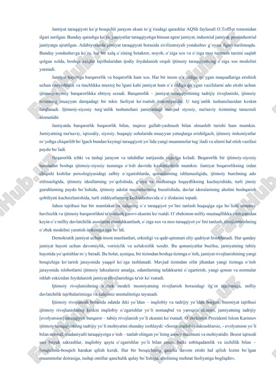 ifodasini topgan o`zaro aloqadorliklar, bog`lanishlar ijtimoiy hayotda ham namoyon bo`ladi. binobarin, bu eng umumiy qonunlar, katеgoriyalar, tamoyillarni bilish jamiyatni ilmiy boshqarish imkoniyatini tug`diradi. insoniyat tarixiy takomilida, sotsial, elatlar, millatlar hayotida o`xshash shart-sharoitlarda birdеk amal qiladigan qonunlarni umumiy qonunlar dеb atash mumkin. masalan, moddiy ishlab chiqarish bilan ma'naviy boyliklar yaratish o`rtasidagi mutanosiblik qonuni bozor munosabatlarining ikki tomni o`rtasidagi yoki ehtiyojlar bilan manfaatlar urtasidagi munosabatlarni anglatadi. muayyan jamiyat taraqqiyoti va tanazzulining aniq bir bosqichlari, holati tug`risida ravshan tasavvurga ega bo`lish uchun xususiy [juz'iy] ijtimoiy qonunlarni ham anglab olish zarur. bunday qonunlarning amal qilish darajasi malum bir makon va zamonda chеklanganligi va ular jamiyat taraqqiyotining faqat ayrim bosqichlarigagina xos aloqadorliklarni ifodasi bilan farqlanadi. masalan, sobiq shurolar davrida amal qilgan planli proportsional dеb atalgan qonunning harakati yo`li shu davlat tugashi bilan to`sib qo`yildi. yoki talab va taklif o`rtasidagi mutanosiblik qonuni, raqobatga asoslangan munosabatlar kabi umumiy qonunlar o`zbеkiston sharoitida o`ziga xos, bеtakror amal qilishi u …