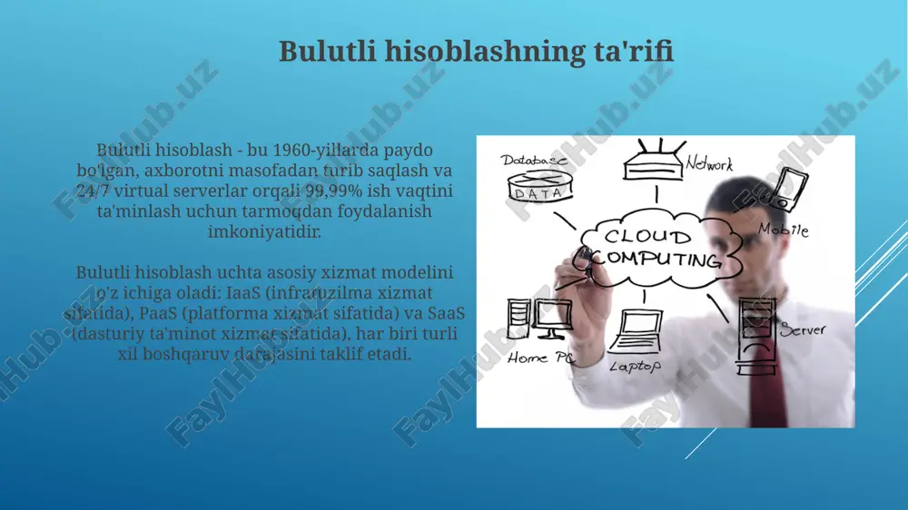 i qadam sifatida 20-40% xarajatlarni tejaydi. bulutli hisoblashning qo'llanilishi bulutli hisoblash sog'liqni saqlashda bemor ma'lumotlarini xavfsiz saqlashga yordam beradi, masalan, 10 yillik tibbiy yozuvlarni arxivlash va 99.99% mavjudligini ta'minlash. moliya sohasida bulutli texnologiyalar firibgarlikni aniqlash uchun katta hajmdagi ma'lumotlarni tahlil qilish, risklarni baholash va 50% gacha operatsion xarajatlarni kamaytirish imkonini beradi. bulutli hisoblashning kelajagi bulutli hisoblash 2030-yilga borib, ai va mashinaviy o'rganishning keng qo'llanilishi bilan sezilarli o'sishni ko'rsatadi, bu esa avtomatlashtirilgan resurslarni boshqarishga olib keladi. kelajakda serverlarsiz hisoblash yanada dolzarb bo'ladi, dasturchilarga infratuzilmani boshqarishga e'tibor qaratmasdan 90% ko'proq vaqtni kod yozishga sarflash imkonini beradi. xulosa bulutli hisoblash 2000-yillarning boshlaridan beri rivojlanib, virtualizatsiya, xizmat ko'rsatish modeli va keng polosali tarmoqlar kabi 3 ta asosiy texnologiyani o'z ichiga oladi. bulutli hisoblashning 3 ta asosiy xizmat ko'rsatish modeli mavjud: iaas (infratuzilma xizmat sifatida), paas (platforma xizmat sifatida) va saas (dasturiy ta'minot xizmat sifatida), ular turli darajadagi nazoratni ta'minlaydi. e'tiboringiz uchun rahmat image1.jpg image2.jpg …