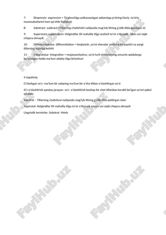 lorqa (yoki orqa qator) unlilari — o, u, oʻ. tilning tik harakatiga koʻra unli tovushlar 3 turga boʻlinadi: yuqori koʻtarilish unlilari (i, u), oʻrta koʻtarilish unlilari (e, oʻ), quyi koʻtarilish unlilari (a, o). labning holati (ishtiroki)ga koʻra unlilar 2 ga boʻlinadi: lablangan unlilar (u, oʻ) va lablanmagan unlilar (i, e, a, o). lablangan unlilar talaffuz qilingan vaqtda lablar faol ishtirok etadi: lab choʻchchayib, oldinga chiqadi, dumaloq shakl oladi. lablanmagan unlilar talaffuzida lablar ishtirok etmaydi yoki lablar ishtiroki passiv boʻladi. uyga vazifa 1-topshiriq tilshunoslikning turli sohalari – ijtimoiy tilshunoslik, neyrolingvistika, tarixiy tilshunoslik, umumiy tilshunoslik, makrolingvistika, mikrolingvistika, komporolingvistika, paralingvistika, kognitiv tilshunoslik, hisoblash lingvistikasi, psixolingvistikasi, etnolingvistika. 2-topshiriq 1-kommunikativ 2- 3-ekspressivlik 4- glossariy 1- tilning paydo bo'lishi -origin of language =tilning paydo bo'lishiga oid turli farazlar mavjud. 2- ekstralingvistika- extralinguistics= sotsiolingvistika va mentalingvistikaning o'zida birlashtiradigan, tilni ijtimoiy hodisa sifatida o'rganuvchi fandir. 3- intralingvistika- intralinguistics= tilning ichki tizimini, uning birliklari va kategoriyalarini, tilning tuzulishini o'rganadi …