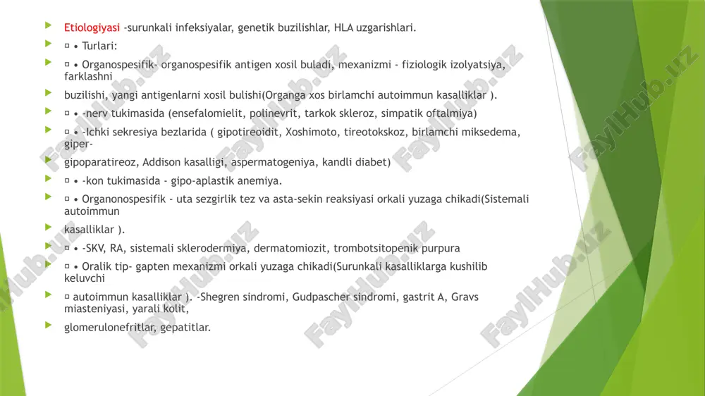 igan autoimmun kasallikdir. hashimoto tiroiditi: bu qalqonsimon bezga ta’sir qiladigan va gipotiroidizmga olib keladigan autoimmun kasallikdir. 1-toifa diabet: bu oshqozon osti bezi insulin ishlab chiqaruvchi hujayralarga hujum qilish natijasida yuzaga keladigan autoimmun kasallikdir. ko’p skleroz (ms): bu asab hujayralariga ta’sir qiladigan autoimmun kasallikdir. xulosa autoimmun kasalliklar – bu ko’pincha genetik va atrof-muhit omillarining o’zaro ta’siri natijasida yuzaga keladigan murakkab kasalliklar. erta tashxis qo’yish va tegishli davolanish bilan simptomlarni engillashtirish va kasallikning rivojlanishining oldini olish mumkin. shuning uchun, alomatlar paydo bo’lganda, shifokor bilan maslahatlashish muhimdir. bundan tashqari, sog’lom turmush tarzini saqlash, stressni kamaytirish va muntazam tibbiy ko’rikdan o’tish otoimmün kasalliklarni boshqarishda muhim rol o’ynashi mumkin. e’tiboringiz uchun raxmat. image1.jpeg image2.png image3.png image4.jpeg /docprops/thumbnail.jpeg