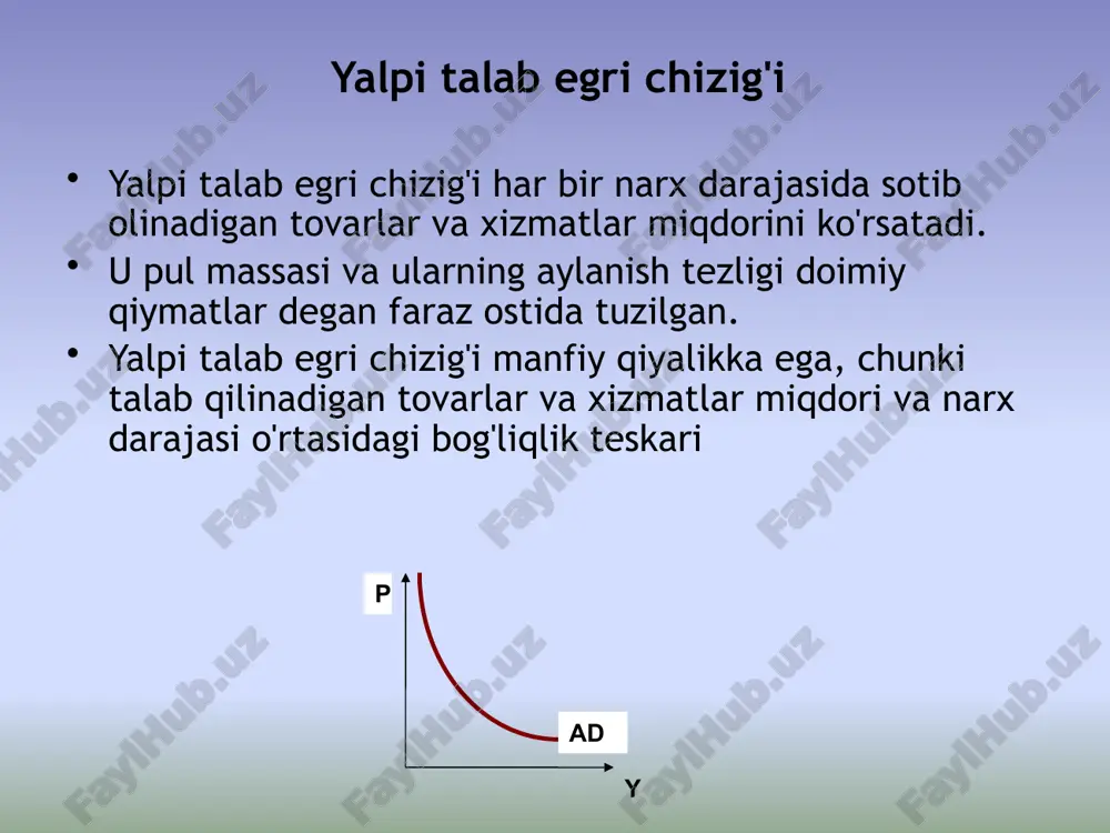 yadi (bir xil narx darajasida iqtisodiy agentlar kamroq sotib olishga tayyor) ad→ad2 p y ad1 ad2 ad ad1 narx bo'lmagan omillar (talabga ta’sir qiluvchi ) ad egri chizig'ining o'ngga siljishi ad egri chizig'ining o'ngga siljishi iste'molchi xarajatlariga ta'sir qilish iste'molchilar farovonligi iste'molchilarning kutishlari (shu jumladan inflyatsiya bilan bog'liq) iste'molchi qarzi soliqlar o'sib borayotgan optimistik kamayadi qisqarmoqdalar tushadi pessimistik o'sib borayotgan o'sib bormoqda investitsion xarajatlarga ta'sir qilish foiz stavkalari (narx darajasiga bog'liq bo'lmagan o'zgarishlar) investitsiyalardan kutilayotgan daromad korporativ soliqlar ortiqcha quvvat innovatsiya pasayish katta qisqarmoqdalar kichik muhim o'sib bormoqda kichik o'sib bormoqda katta tovar va xizmatlarga davlat xarajatlari (eng muhim narx bo'lmagan omil) kattalashtirish; ko'paytirish pasayish sof eksportga ta'sir qiladi xorijiy mamlakatlardagi milliy daromad milliy valyuta kursi o'sib borayotgan tushadi kamayadi o'sib borayotgan eslatma narx bo'lmagan har bir omilning ta'sirini "ceteris paribus" deb hisoblash kerak, aks holda ta'sirni aniqlash qiyin, garchi real hayotda "boshqa shartlar" kamdan-kam hollarda o'zgarmaydi. masalan: soliqlarni kamaytirish …