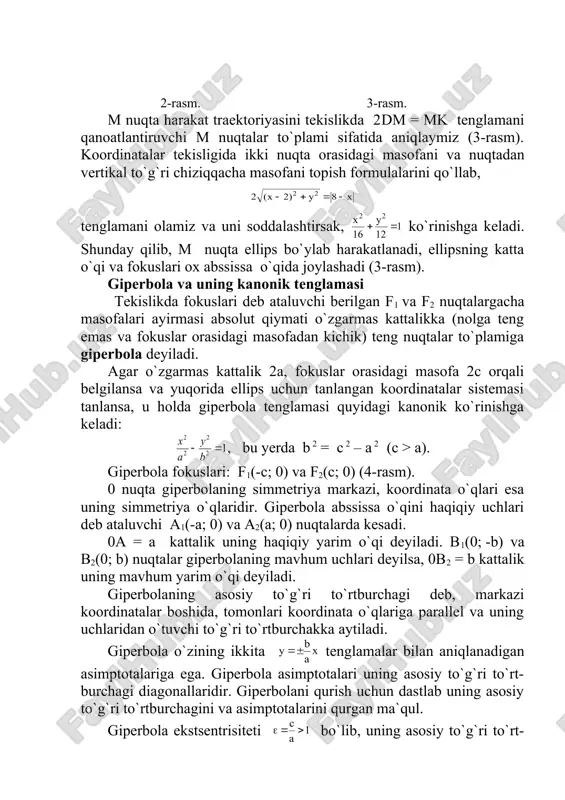 . masala shartiga binoan km = am (7-rasm). berilgan aylana radiusi 0k=2 ekanligini va km = 0m – 0k tenglikni hisobga olsak, koordinatalarda quyidagi tenglamani olamiz: x2 + y2 - 2 = |x| yoki y 2 = 4 |x| + 4. ushbu tenglama uchlari (-1; 0) va (1; 0) nuqtalarda, fokuslari koordinatalar boshida, direktrisalari mos ravishda x = -2 va x = 2 to`g`ri chiziqlardan iborat, abssissa o`qi simmetriya o`qi bo`lgan parabolalarni ifodalaydi (7-rasm). y y b a 0 r x x m000 m x=8 4 m 0 2 x y d m a1 a2 b2 b1 f2 f1 y x 0 0 y x a1 a2 b2 0 x y f2 f1 b1 d d( 0 f x y a x k m y 0 _1406379574.unknown _1406379578.unknown _1406379582.unknown _1406379584.unknown _1406379586.unknown _1406379587.unknown _1406379585.unknown _1406379583.unknown _1406379580.unknown _1406379581.unknown _1406379579.unknown _1406379576.unknown _1406379577.unknown _1406379575.unknown _1406379570.unknown _1406379572.unknown _1406379573.unknown _1406379571.unknown _1406379568.unknown _1406379569.unknown _1406379567.unknown