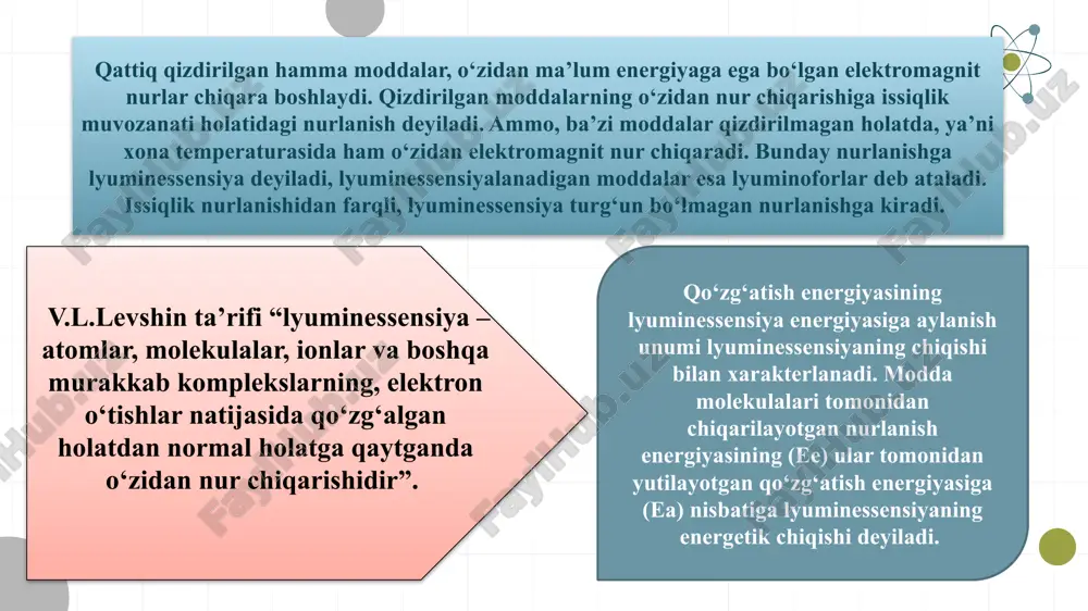 fosforessensiya spektrlari keltirilgan. 1.3.2-rasm. fenantrenni lyuminessensiya qo‘zg‘atuvchi (a), fluoressensiya (b) va fosforessensiya (c) spektrlari. moddalarning nurlanishni yutishi kabi lyuminessensiyaga moyilligi ham ularning elektron tuzilishi bilan bog‘liq. masalan, agar organik molekulaning quyi qo‘zg‘algan singlet holati   o‘tish bilan bog‘liq bo‘lsa, ko‘pincha uning fluoressensiyasi va fosforessensiyasi ham intensiv bo‘ladi. xuddi shunday holatlarda, ya’ni quyi, qo‘zg‘algan singlet holat   o‘tish natijasida paydo bo‘lsa, bunday holda molekula odatda fluoressensiya chiqishi kichik bo‘ladi, lekin, past temperaturada yuqori fosforessensiya chiqishiga ega bo‘lishi mumkin 1.3.3-rasm metallarning xelatlarida singlet (s0, s1), triplet (t1) va atom (a) elektron sathlarining nisbiy joylashuvi. taxminiy tayyorlangan naoh eritmasini xlorid kislotasining standart eritmasi bilan lyuminessent indikator yordamida titrlash taxminiy tayyorlangan 1,0 n li naoh eritmasidan 25 ml olib 250 ml li o‘lchov kolbasiga solinadi, tamg‘asigacha suv solib suyultiriladi va aralashtiriladi. 50 ml li byuretka naoh ning taxminiy tayyorlangan 0,1 n eritmasi bilan 2-3 marta chayiladi va shu eritma bilan to‘ldiriladi. titrlash …