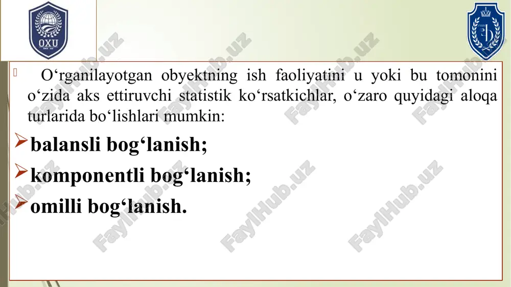 i doimiy emas. bunday holatlarda bog‘lanishlar quyidagi egri chiziqlarning tenglamalari bilan ifodalanadi: omillarning o‘zaro harakati nuqtai-nazaridan bog‘liqlikni quyidagi turlarga bo‘lish mumkin: juft belgilarning bog‘liqligi; ko‘p belgilarning o‘zaro bog‘liqligi. masalan, talabaning dars qilish soati bilan o‘zlashtirishi o‘rtasidagi bog‘liqlikni o‘rgansak, bu juft bog‘lanish deyiladi, agarda student o‘zlashtirishiga dars qilish soati, oilaviy ahvoli, darsliklar bilan ta’minlanganligi va boshqa omillarning ta’sirini o‘rgansak, bu ko‘p omilli bog‘lanish deyiladi. ko‘rsatkichlarning o‘zaro bog‘liqligi statistikaning bir qancha metodlarining birikmalari yordamida aniqlanishi va ifodalanishi mumkin. parallel qatorlarni solishtirish, balans metodi, statistik guruhlash va grafiklar, dispersion va korrelyatsion tahlil metodlari ko‘rsatkichlarni o‘zaro bog‘liqligini aniqlash va o‘rganishning asosiy usullari bo‘lib hisoblanadi. parallel qatorlarni solishtirish. xodisalar o‘rtasidagi o‘zaro bog‘liqlikni o‘rganish metodlari ichida eng soddasi parallel qatorlarni taqqoslash metodidir. parallel qatorlarni taqqoslash deganda omil qatorlarning hadlari qiymatiga natijaviy belgi hadlarining mos kelishi tushuniladi. omil belgi hadlarini o‘sib boruvchi (yoki aksincha) tartibda joylashtirib, natijaviy belgi hadlarining o‘zgarishi kuzatiladi. omil belgi qiymatini «x», natijaviy belgini …