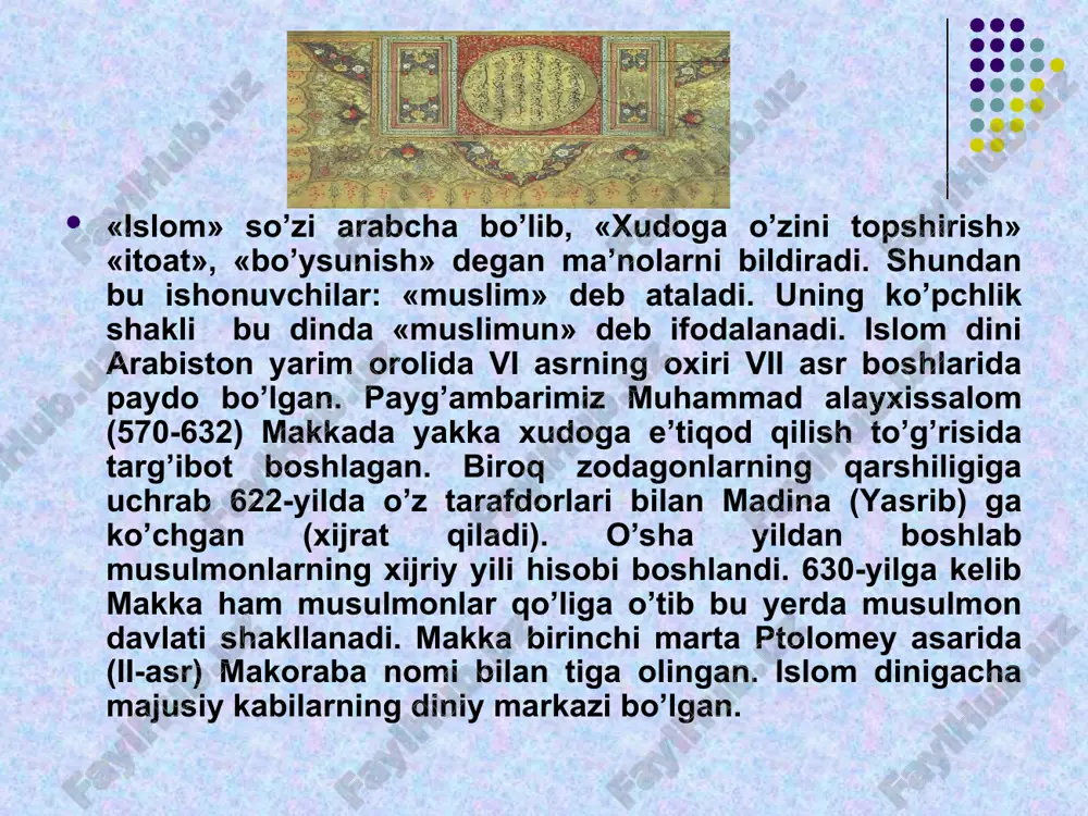 miziy 209 (824)-279 (892). 4.imom ahmad an-nasoniy 215 (880)-303 (915). 5.imom abu dovud sulaymon sijistoniy 202 (817)-275 (888). 6. imom abu abdulloh muhammad ibn mojja 209 (824)-273 (886). hadislarda insonning inson oldidagi mas’uliyati «savob», «gunoh» tushunchalari orqali boshqarilishi aytiladi. o`zbekistonda islomiy munosabatlarga keng yo`l ochilgan. istiklolning dastlabki kunlaridanok diyorimizning barcha fukarolari xakikiy e’tikod erkinligini xis eta boshladilar. bugungi kunda uzbekistonda turli din vakillarning xech kanday tusiklarsiz uz dinlariga e’tikod kilishlari uchun barcha sharoitlar yaratilgan. sobik shurolar davrida respublikamizda bor-yugi89 masjid va ikki madrasa faoliyat kursatgan bulsa, xozir uzbekiston musulmonlari idorasi boshkaruvi ostida rasmiy ruyxatdan utgan, barcha kulayliklar yaratilgan 1700 dan ortik masjid, 10 madrasa va toshkent islom universiteti faoliyat kursatib kelmokda. shuningdek, mamlakatimizda istikomat kilayotgan 130dan ziyod millat vakillari xam uzlari e’tikod kilayotgan dinlarida emin-erkin ibodat kilmokdalar. bugun respublikamizda 15 turdagi 170 dan ziyod noislomiy diniy tashkilotlar rasman faoliyat kursatmokda. 1999 yil 7 aprel kuni respublika prezidenti i.karimovning farmoniga asosan …