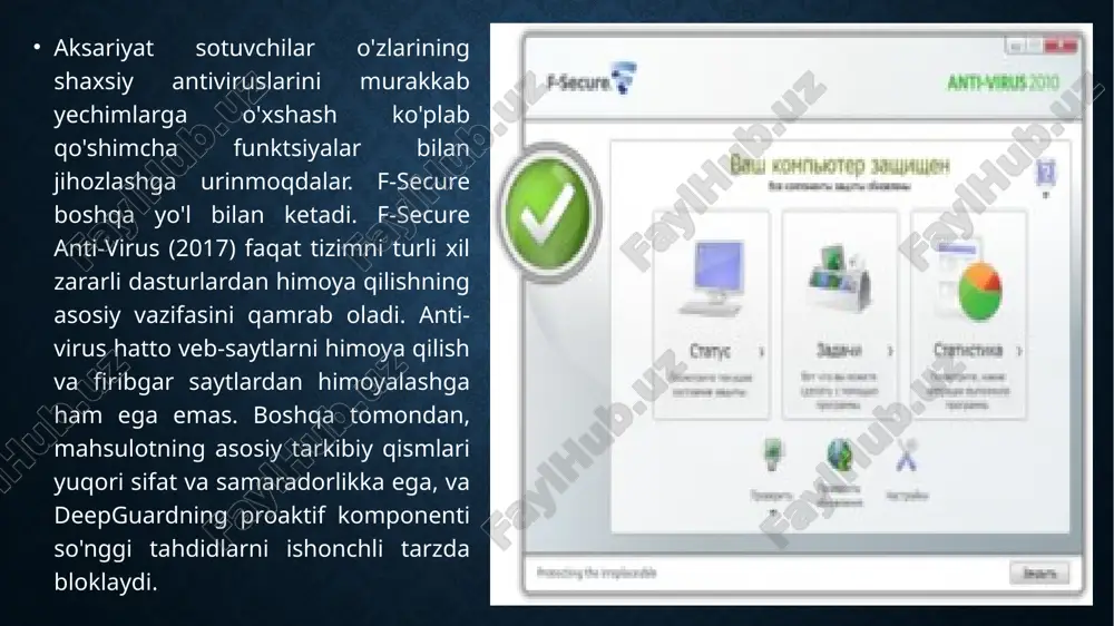 cure tomonidan qayd etilganidek, veb-himoyasi yoki fishingdan himoyalanish yo'q. ammo, zararli yuklab olishlar uchun blokirovkalash testi tarmoq darajasida bloklashni va tahdidni yuklab olish vaqtida yoki darhol yuklab so'ng hisobga oladi. shunday qilib, test o'tkazildi. f-secure karantinga tushirilgan yuklarning 78 foizini qo'shdi, bu esa o'rtacha 71 foizdan yuqori. lider nortonda qolmoqda, 98 foizi onlayn to'siqlarni to'sib qo'ydi. f-secure anti-virus tizimi o'zining asosiy vazifasini hal etish uchun barcha imkoniyatlaridan foydalanadi - tizimni zararli dasturlardan tozalash va keyingi infektsiyalarning oldini olish. ushbu vazifa bilan mahsulot juda samarali ishlaydi. antivirus yuqori skanerlash tezligini namoyish etdi va pcmag testidagi test tahdidlarining 100 foizini blokladi. f-secure veb-muhofaza etishmasligiga qaramasdan, real vaqtda himoyalanishning hushyorligi tufayli zararli fayllarni blokirovka qilish testida yaxshi ishladi. f-secure munosibligi zararli dasturlarni blokirovka qilish uchun pcmag o'z testida ajoyib natijalar; juda tez ko'rish tezligi; deepguard xatti-harakatlarni aniqlashning bir komponenti hatto so'nggi malwareni ham aniqlaydi; qisqa soddalashtirilgan interfeys. kamchiliklari fishing va zararli aloqalardan himoya …