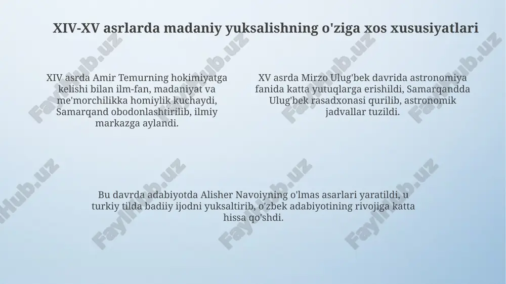 yatga ega. xulosa: uyg'onish davrining kelajakka ta'siri uyg'onish davri g'oyalari, ayniqsa 14-16-asrlarda fan, san'at va adabiyotga bo'lgan qiziqish, bugungi kunda ham innovatsion yondashuvlarga turtki bo'lmoqda. uyg'onish davri mutafakkirlarining 15-asrda ilgari surgan insonparvarlik g'oyalari, jamiyatimizda inson huquqlari va erkinliklarini himoya qilishning asosiy tamoyili bo'lib qolmoqda. ilm-fan va texnologiyaning rivojlanishida uyg'onish davrining 15-asrga oid empirik kuzatuv va tajribalarga asoslangan yondashuvi zamonaviy ilmiy tadqiqot metodologiyasining asosi hisoblanadi. e'tiboringiz uchun rahmat image4.png image3.jpeg