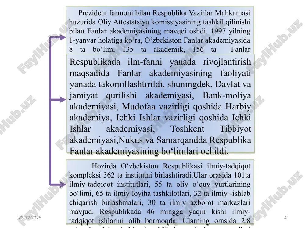 espublikasi innovatsion rivojlanish vazirligi tashkil etildi. o’zbekistonda fanlar akademiyasi haqiqiy a’zoligiga oxirgi saylovlar 1995-yilda o‘tkazilgan edi. o‘tgan yillar mobaynida akademiklarning soni 2martadan ko‘proqqa qisqardi va 2017-yilga kelib akademiyaning atigi 63 nafar haqiqiy a’zosi qolgan edi. o‘zbekiston respublikasi prezidentining 2017-yil 29-dekabrdagi «o‘zbekiston respublikasi fanlar akademiyasining haqiqiy a’zolarini tasdiqlash to‘g‘risida»gi tarixiy farmoni bilan 22 yillik uzoq tanaffusdan so‘ng fanlar akademiyasining 32 nafar yangi haqiqiy a’zolari tasdiqlandi. 2018-yilga kelib ilmiy tadqiqot bilan shug‘ullanuvchi 400 ta muassasa ro‘yxatga olingan bo‘lib, fan sohasida 36 ming mutaxassis, jumladan, 2 mingdan ortiq fan doktori va 9 mingdan ortiq fan nomzodi faoliyat olib bormoqda. образец текста второй уровень третий уровень четвертый уровень пятый уровень 1 - reja o‘zbekiston respublikasi innovatsion rivojlanish vazirligi mustaqillikning dastlabki yillarida ta’lim tizimi. 11 madaniy-ma’naviy rivojlanishning eng muhim poydevori – ta’lim tizimidir. chunki zamon talablariga javob beradigankadrlarni yetishtirmasdan jamiyatni yuksaltirib bo‘lmaydi. o‘zbekistonda 1992-yil 2-iyulda «ta’lim to‘g‘risida»gi qonun qabul qilindi va bu qonunga asosan mamlakatimizda …