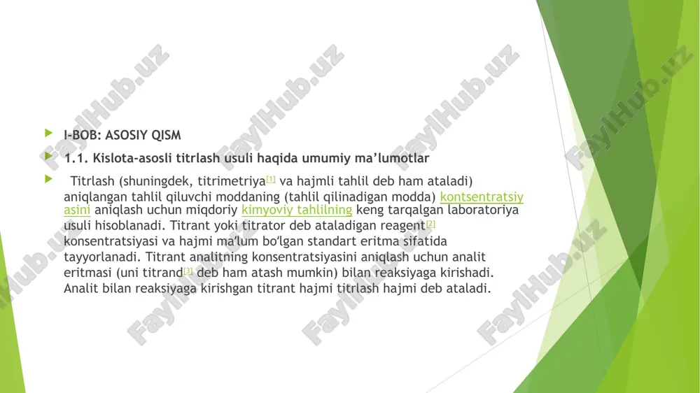 oriy o‘lchashlarda turli xil qiymatlar olinishi bilan bog‘liq bo‘lgan xatoliklardir. ular inson omiliga, atrof-muhit sharoitiga, uskunalar sezgirligiga yoki boshqa nazorat qilib bo‘lmaydigan omillarga bog‘liq. 1.1. insoniy omil titrlovchi shaxsning ko‘z o‘lchovi, refleks tezligi, rang ajratish qobiliyati kabi subyektiv xususiyatlari natijalarning farqiga olib keladi. ayniqsa, indikator rangining o‘zgarishini aniqlashda subyektiv qarashlar katta rol o‘ynaydi. bu ayniqsa rangli indikatorlar ishlatilganda dolzarb hisoblanadi (masalan, fenolftalein bilan ishlaganda to‘q pushti rangni aniqlash har doim ham aniq bo‘lmaydi). 1.2. e’tiborning chalg‘ishi laboratoriyada ishlash chog‘ida biror sonni noto‘g‘ri o‘qish, titrantni kerakli miqdordan ortiqcha yoki kam quyish, byuretadagi havo pufakchalarini e’tibordan chetda qoldirish tasodifiy xatoliklarning sabablari bo‘lishi mumkin. 1.3. asboblarning sezuvchanligi o‘lchov asboblari (byureta, pipetka, silindr va h.k.) ham o‘z sezuvchanligiga ega. byureta orqali tomchilayotgan eritmaning oxirgi tomchisi ko‘rinmasligi yoki qo‘shilmasligi titrlash natijasiga sezilarli ta’sir qilishi mumkin. tizimli xatoliklar tizimli xatoliklar – bu takroriy titrlashlarda bir xil yo‘nalishda (doimiy ravishda ko‘p yoki kam) yuzaga keladigan xatoliklardir. ular …