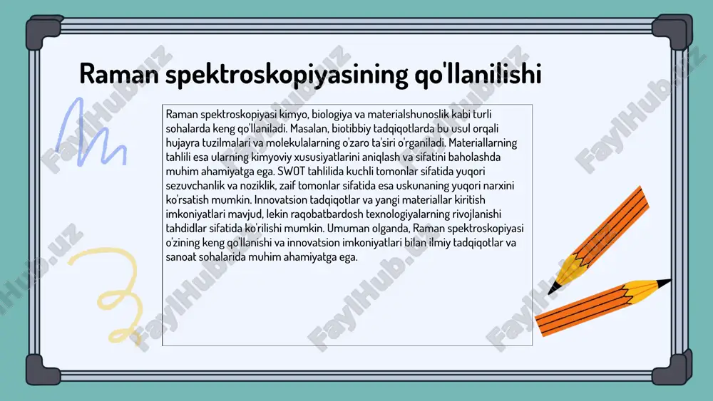 troskopiyasi kelajakda ko'plab o'zgarishlarga duch kelishi kutilmoqda. o'zgarishlar asosan texnologik rivojlanish, yangi metodologiyalar va ilmiy tadqiqotlarning yangi yo'nalishlari bilan bog'liq bo'ladi. innovatsion texnologiyalar, masalan, kvant nuqta sensorlari va sun'iy intellekt algoritmlari raman spektroskopiyasining aniqligini va samaradorligini oshirishga yordam beradi. bu texnologiyalar yordamida natijalar tez va aniq olinadi. raqamli transformatsiya va yangi dasturiy ta'minotlar raman spektroskopiyasini boshqarish va ma'lumotlarni tahlil qilish jarayonlarini soddalashtiradi. bu, o'z navbatida, ilmiy tadqiqotlar va sanoat amaliyotlarida qo'llanilish imkoniyatlarini kengaytiradi. innovatsion yo'nalishlar va tadqiqotlar raman spektroskopiyasida yangi tadqiqot yo'nalishlari ilmiy olamda katta qiziqish uyg'otmoqda. bu yo'nalishlar ichida nano materiallar, biotibbiyot va materialshunoslik kabi sohalar alohida e'tiborga sazovor. yangi texnologiyalar, masalan, yuqori rezolyutsiyali spektroskopiya va multi-modal tahlil usullari, tadqiqotlarni yanada kengaytiradi. shuningdek, avtomatlashtirilgan tahlil tizimlari va sun'iy intellekt yordamida ma'lumotlarni qayta ishlash yangi usullarni yaratmoqda. raman spektroskopiyasida foydalaniladigan yangi materiallar, jumladan, grafen, kvant nuqtalari va nanokristallar, tadqiqotlar uchun yangi imkoniyatlar yaratmoqda. ushbu materiallar yordamida ma'lumotlarni yanada aniq o'lchab, …