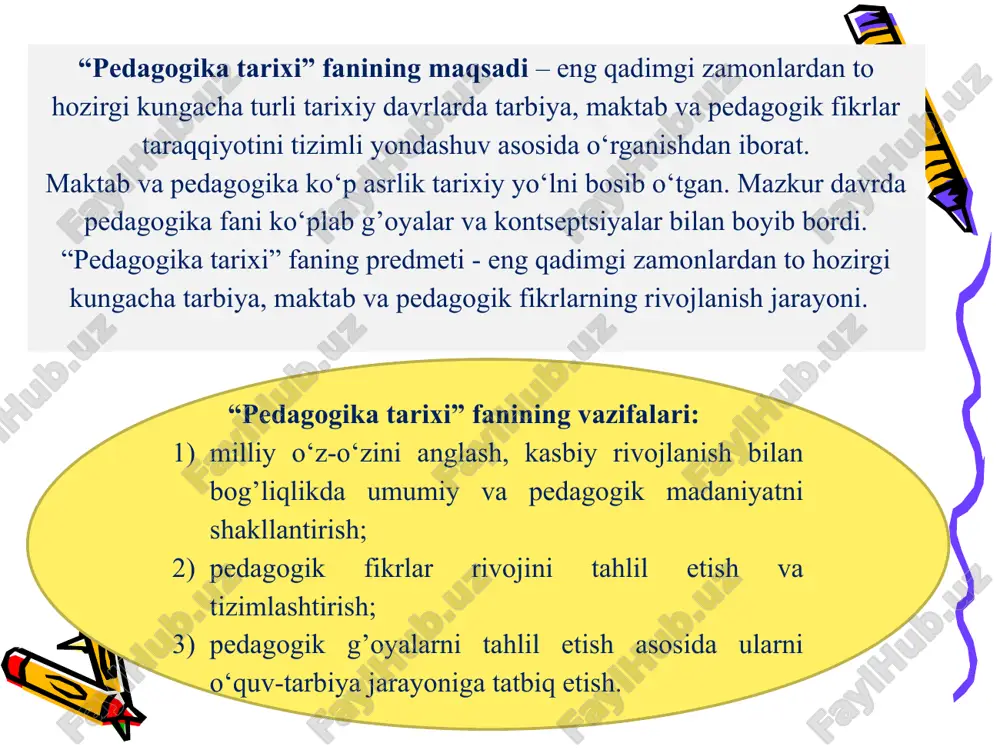 hatto hozirgi kunda ham ko’zga tashlanadi. 13 urug’chilik jamoasi bosqichida esa bolalar mehnatining ko’lami kengayib, kasb-hunar faoliyatining turlari ko‘payib boradi. tajribali kishilar bolalarni tarbiyalash bilan birga ularni yozishga ham o‘rgata boshlaydilar. asta-sekin harbiy tarbiyaning boshlang’ich ko‘rinishlari yuzaga kela boshlaydi. bolalarga harbiy san’at sirlarini o‘rgatish ancha murakkab ish bo’lib, ushbu tarbiyani tashkil etish maxsus bilim hamda tayyorgarlikka ega bo‘lishni taqozo etar edi. shu bois maxsus harbiy bilim va tayyorgarlikka ega bo’lgan kishilar bolalarga bu boradagi bilimlarni berish jarayoniga jalb etila boshladilar. 14 jamiyatning ijtimoiy jihatdan taraqqiy eta borishi bolalarga dalalarni o‘lchash, suv toshqinlarining oldini olish, kishilarni turli kasalliklardan davolash usullariga oid bilimlarni berishga bo’lgan ehtiyojni yuzaga keltirdi. mazkur ehtiyojni qondirish yo‘lidagi harakatning tashkil etilishi natijasida turli maktablar faoliyat yurita boshladi. maktablarda asosiy e’tibor bolalarga og’zaki bilimlar berish bilan birga ularda yozuv ko’nikmalarining shakllantirilishiga qaratildi. dastlab suratkashlik rivojlanib, piktografik xat paydo bo’lgan bo’lsa, keyinchalik qo‘shni mamlakatlardan kirib kelgan harflar yordamida yozish usuli …