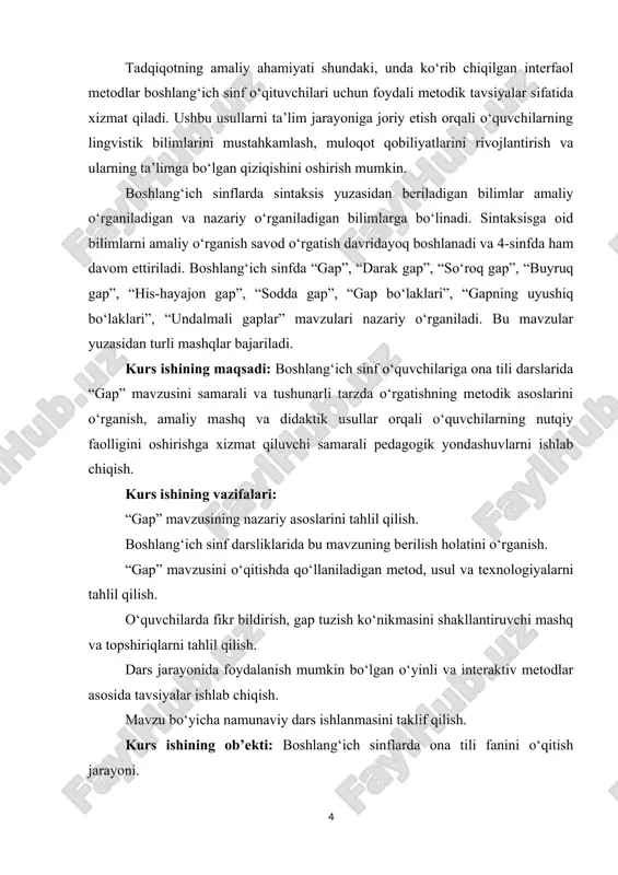 ‘lib, gapda mustaqil sintaktik bo‘lak sifatida ishtirok etadigan so‘zlar mustaqil so‘zlar deyiladi. mustaqil so‘zlarga: ot, sifat, son, olmosh, fe’l, ravish kiradi. shuni ham ta’kidlash joizki, tilimizdagi ba’zi mustaqil so‘zlar ham nutq jarayonida o‘zining mustaqil lug‘aviy ma’nosini yo‘qotib, gram-matik ma’no ifodalashga xoslangan holda, yordamchi so‘z vazifasiga o‘tishi mumkin. bu hodisa tilshunoslikda grammatikalizatsiya deb yuritiladi. masalan: ko‘rib qolmoq, bilib olmoq, xafta ichi kabi birikmalardagi qol, ol, ich so‘zlari o‘zining mustaqil lug‘aviy ma’nosni yo‘qotgan holda yordamchi so‘z sifatida qo‘llangan. kurs ishining amaliy ahamiyati: mazkur kurs ishining amaliy ahamiyati shundaki, u boshlang‘ich sinf o‘qituvchilari uchun “gap” mavzusini samarali o‘rgatishda foydalanilishi mumkin bo‘lgan metodik tavsiyalar, innovatsion uslublar, interaktiv mashq va topshiriqlarni o‘z ichiga oladi. ish davomida keltirilgan dars ishlanmalari, ta’limiy o‘yinlar va mashg‘ulot shakllari dars jarayonini jonlantirishga, o‘quvchilarda mustaqil fikrlash, to‘g‘ri gap tuzish, grammatik birliklarni anglash va ulardan amaliy foydalanish ko‘nikmalarini shakllantirishga xizmat qiladi. ushbu kurs ishida ishlab chiqilgan metodlar boshlang‘ich ta’lim amaliyotida keng tatbiq …